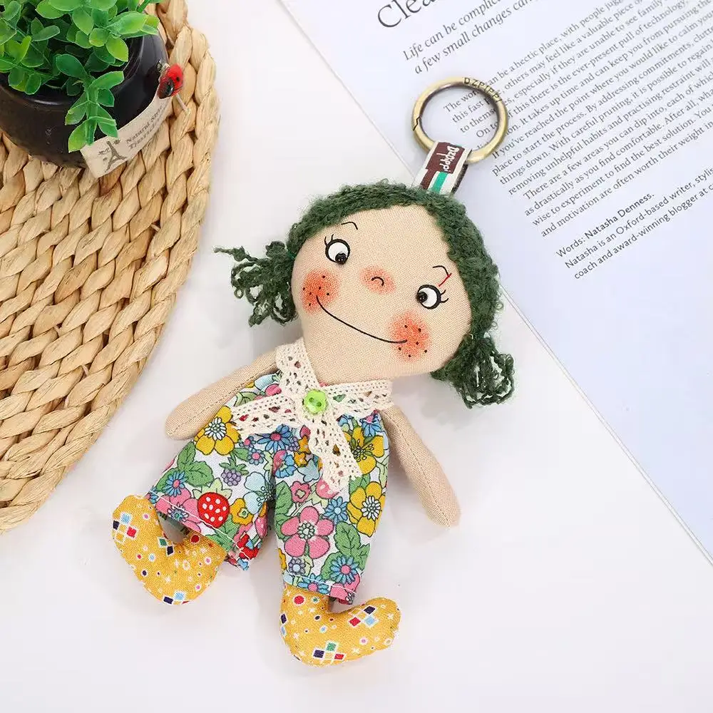 Handmade Cute Cloth Doll Keychain Kawaii Floral Fabric Girl Plush Bag Charm for Handbag Backpack Pendant Accessory Girls Gifts