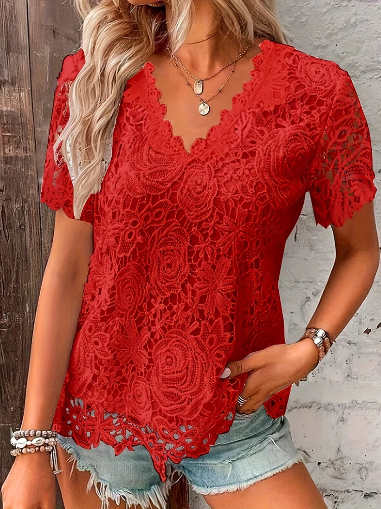 Retro Summer Lace Loose Women T Shirt Casual Solid White Elegant Patchwork Tee Pullover V-Neck Top Lady Fashion Streetwear