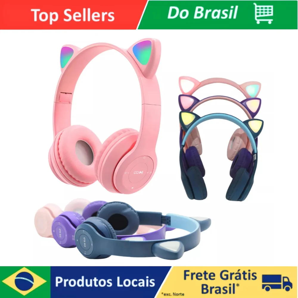 Fone de Ouvido Bluetooth Infantil com Orelhas de Gatinho e Luz de LED – Modelo Sem Fio para Meninos e Meninas, Cores Variadas