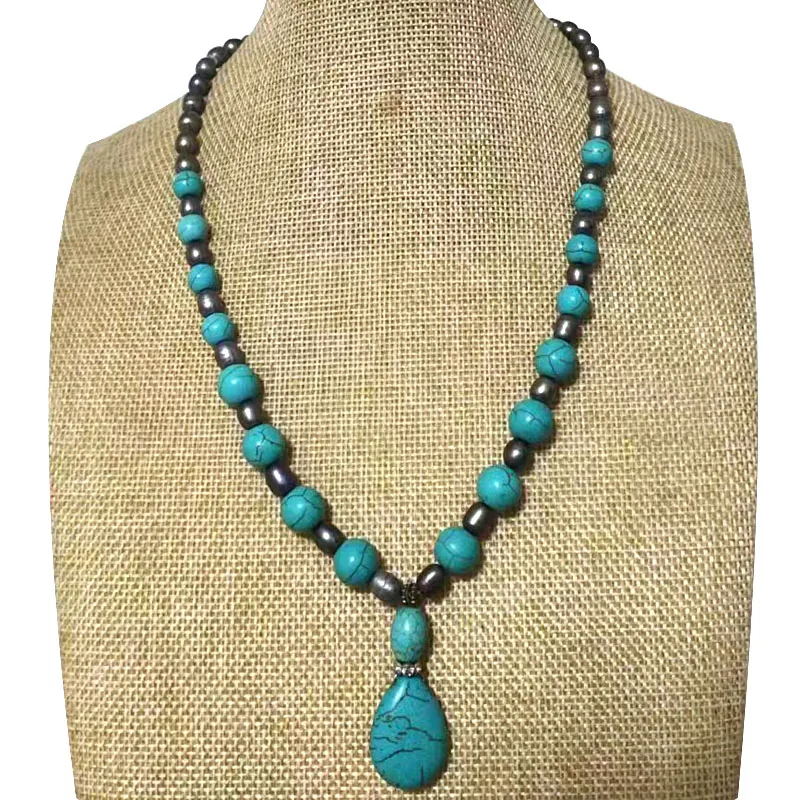 16 inches Oval Black Natural Pearl and Blue Turquoise Pendant Necklace