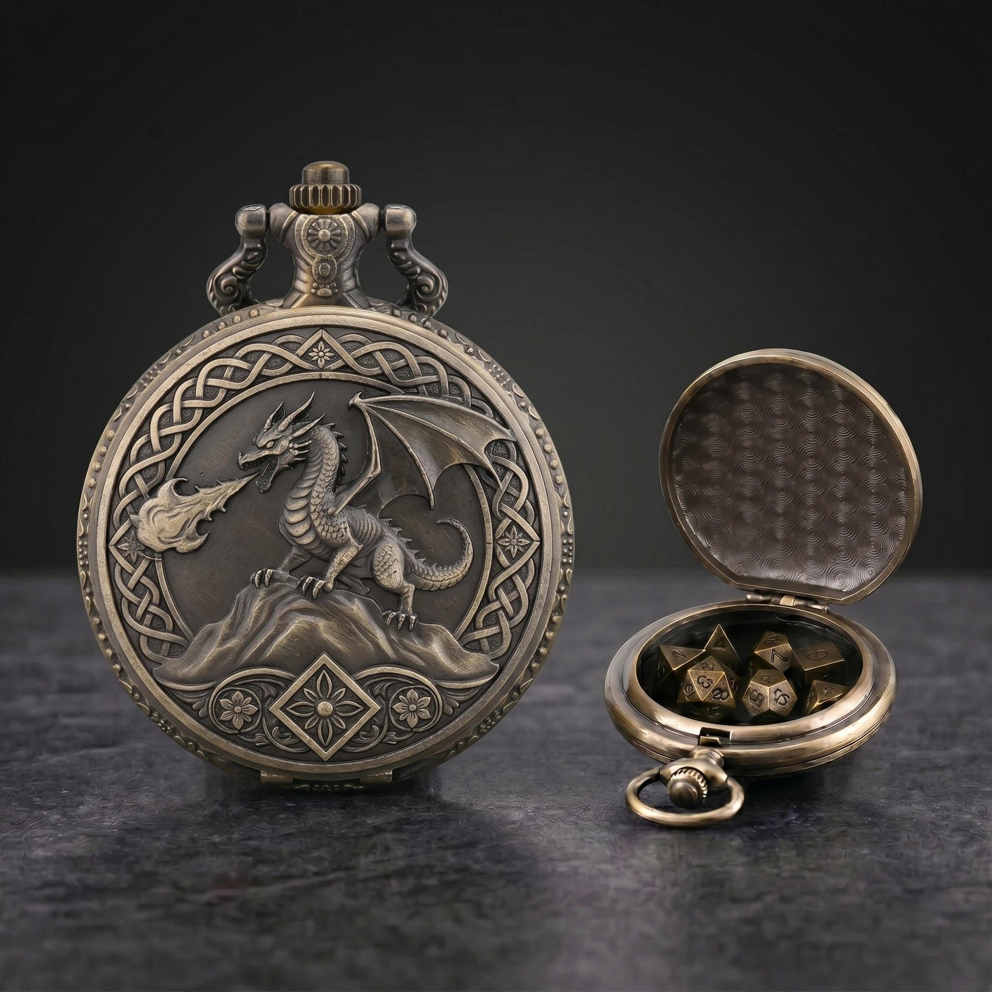 New Dragon Pocket Watch Dices DND RPG dice Watch for dnd party with Polyhedral metal dice Dragon pocket watch case D&D dice Box