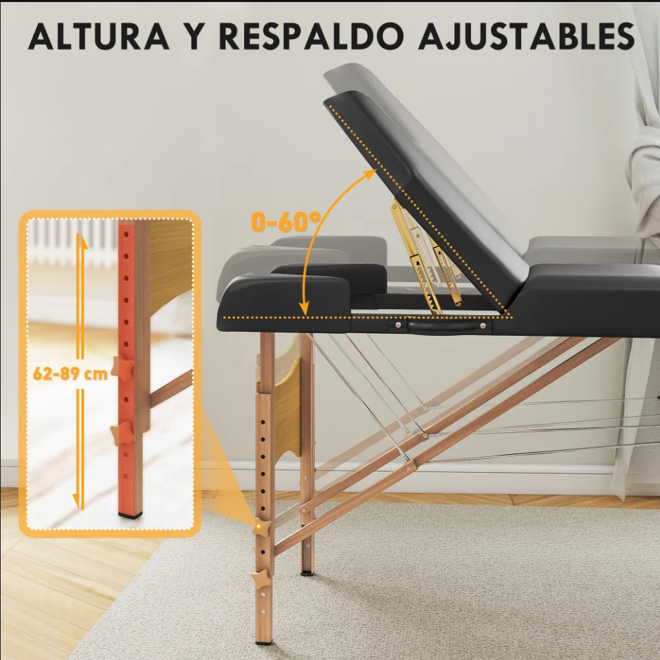 Immagine 4: Lettino da Massaggio Pieghevole in Legno a 3 Zone con Poggiatesta e Braccioli Regolabili 215x60x62-89 cm Nero