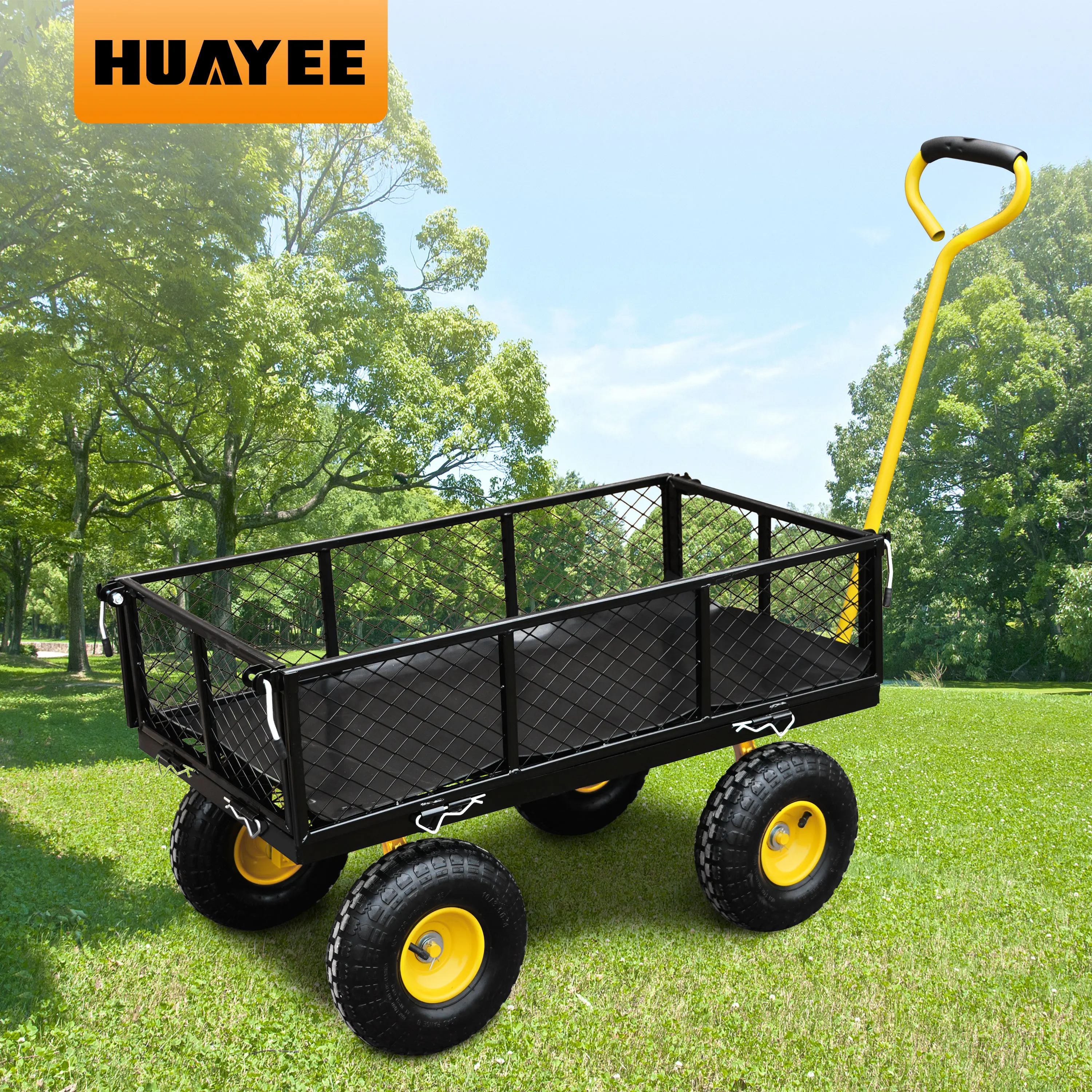 500파운드 용량의 강철 정원 카트, 탈부착 가능한 강철 메쉬 측면, 평판형으로 변환 가능, 180도 회전 핸들