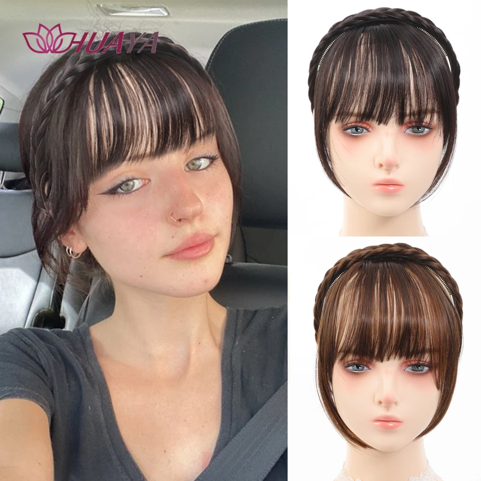 Synthetic Headband Bangs Extension Fake Hair Blunt Fringe  Long Sides For Women Natural Flase Black Brown Braided Headband Bang