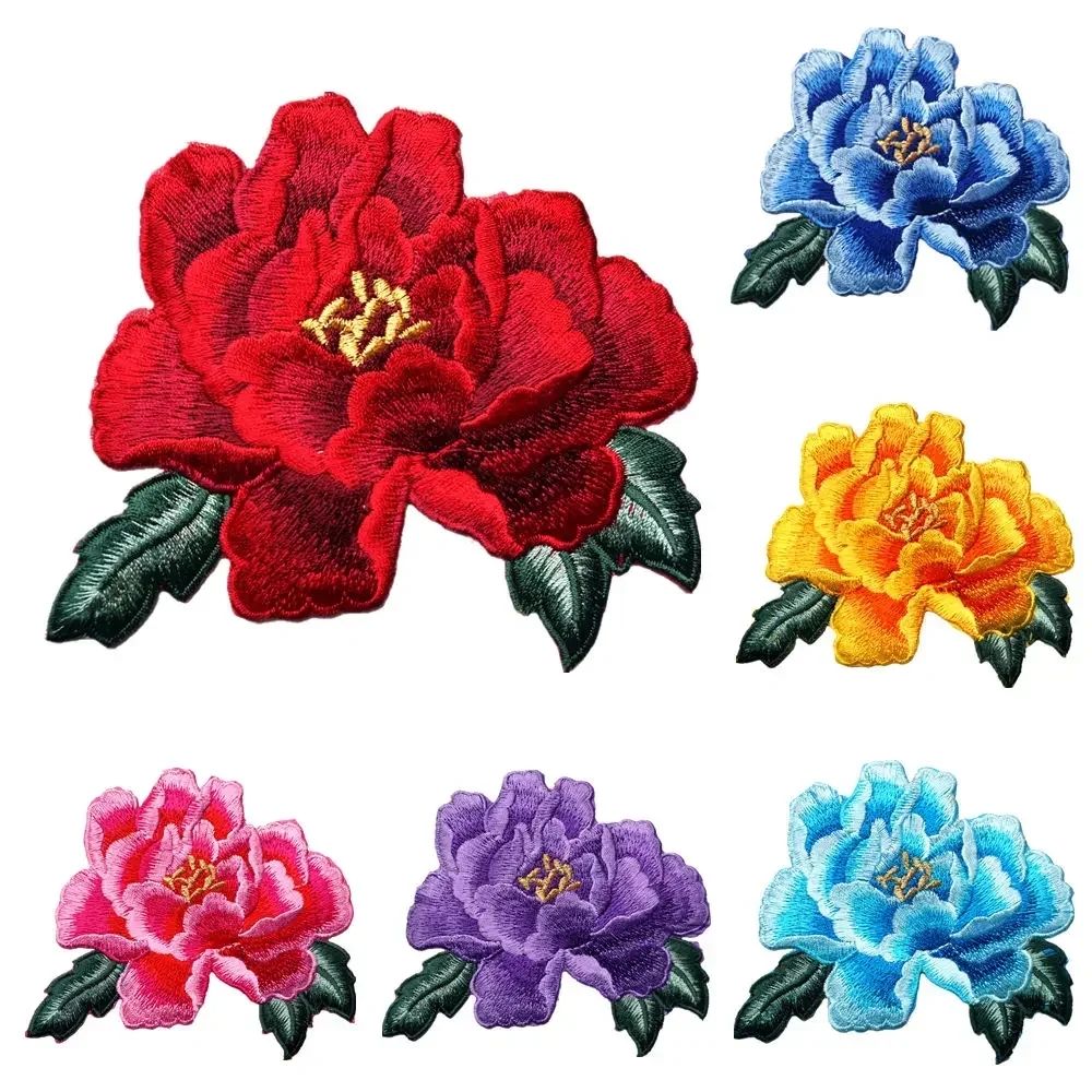 14CM rouge bleu violet pivoine fleur coudre fer sur patchs Badges brodés pour robe vêtements bricolage Appliques de mariage décoration