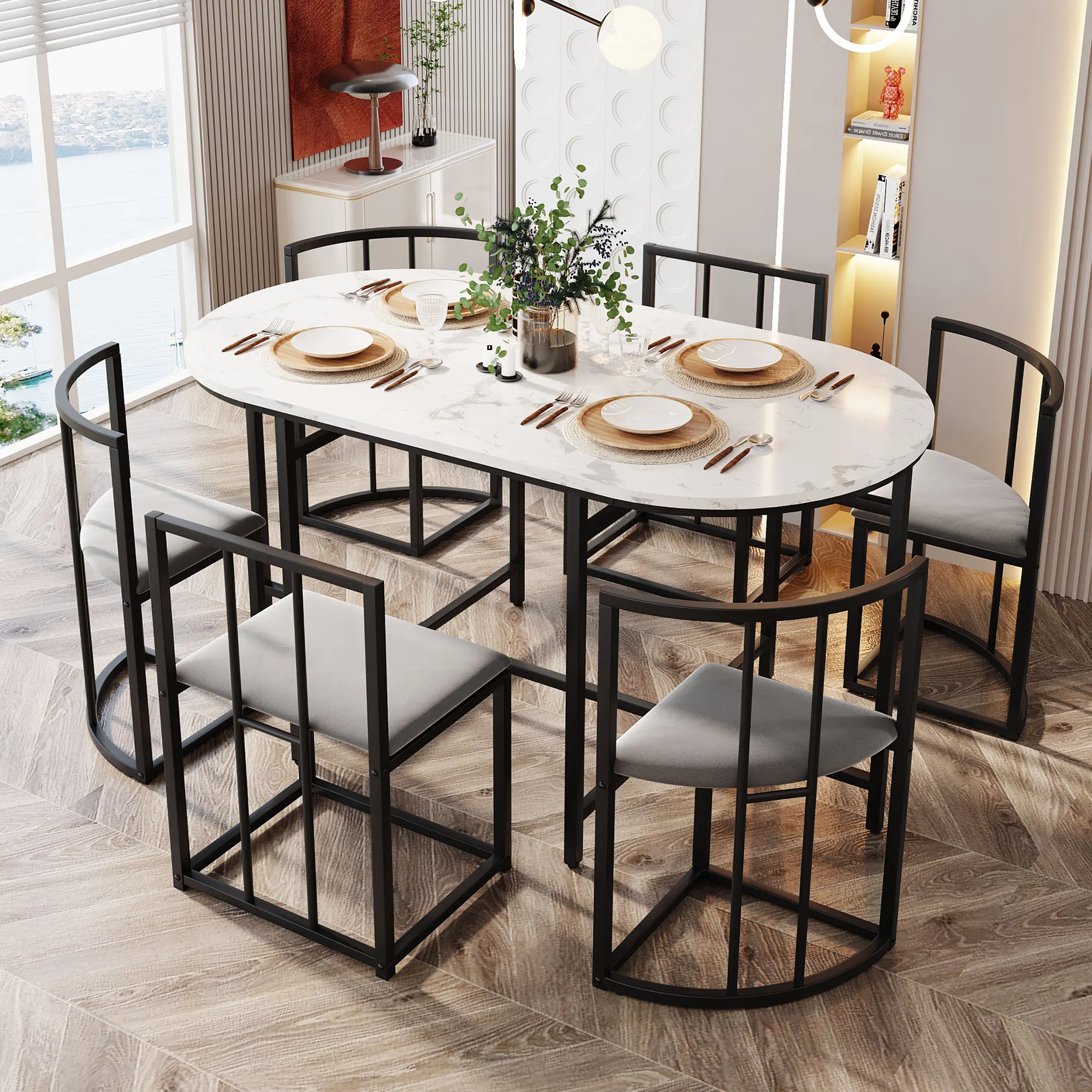 Rosahqnda eettafelset met zes stoelen, eettafel en stoelenset, moderne eettafelcombinatie
