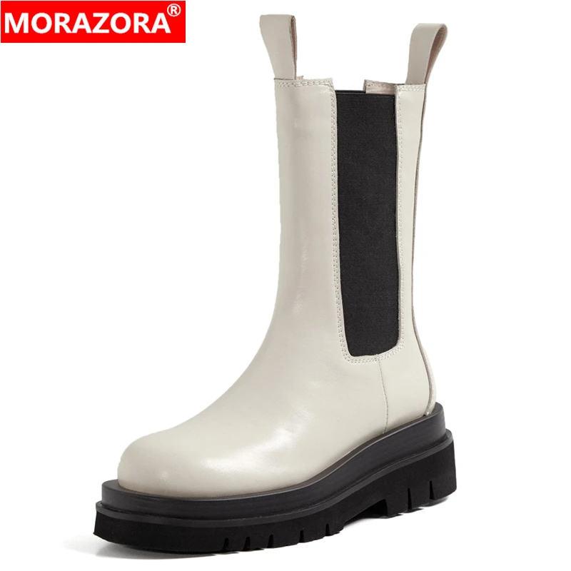 MORAZORA Size 33-43 Fashion Genuine Leather Boots Women Thick Sole Chelsea Boots  British Style Winter Platform Ankle Boots