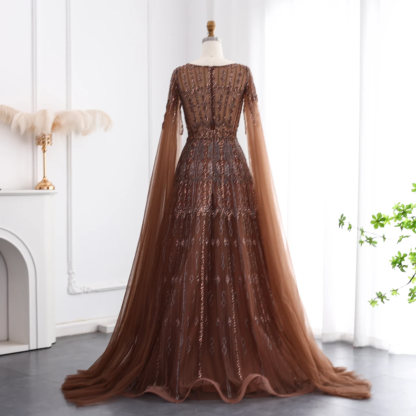 Sharon Said Luxuriöses Dubai Blaues Abendkleid mit Cape-Ärmeln in Übergröße, A-Linie, Arabisches Hochzeits- und Festkleid SS001, Maßanfertigung – Detail 14