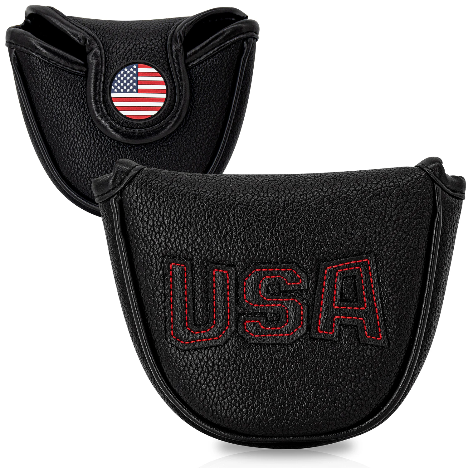 1PC Mallet Golf Putter Headcover, Black Premium PU, Red Stitched Decorative Embroidery, Soft Inner Lining