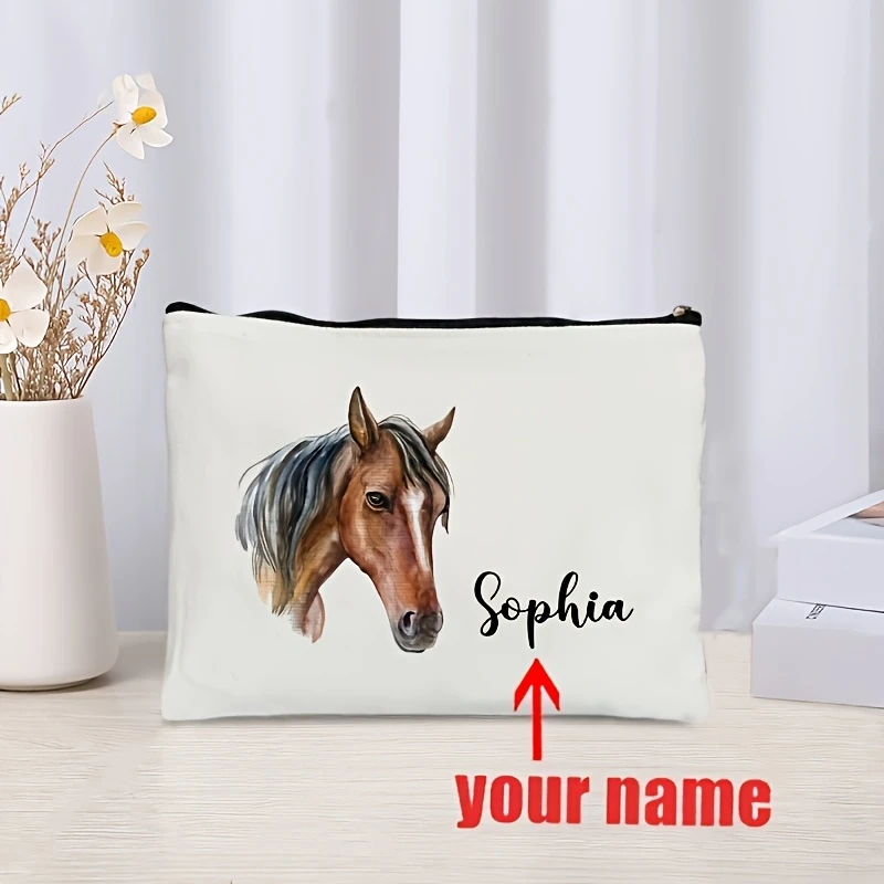 Customizable Horse Pattern Makeup Bag, Lightweight Cosmetic Pouch with Zipper Closure, Personalized Name Option