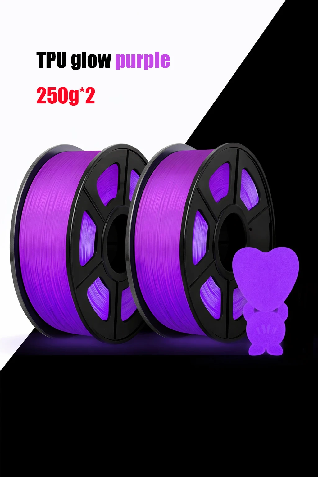 4-pack TPU 95A 3D-printerfilament, diverse kleuren, glow-in-the-dark, 1,75 mm diameter, blauw, groen, geel, paars, 250 g per stuk