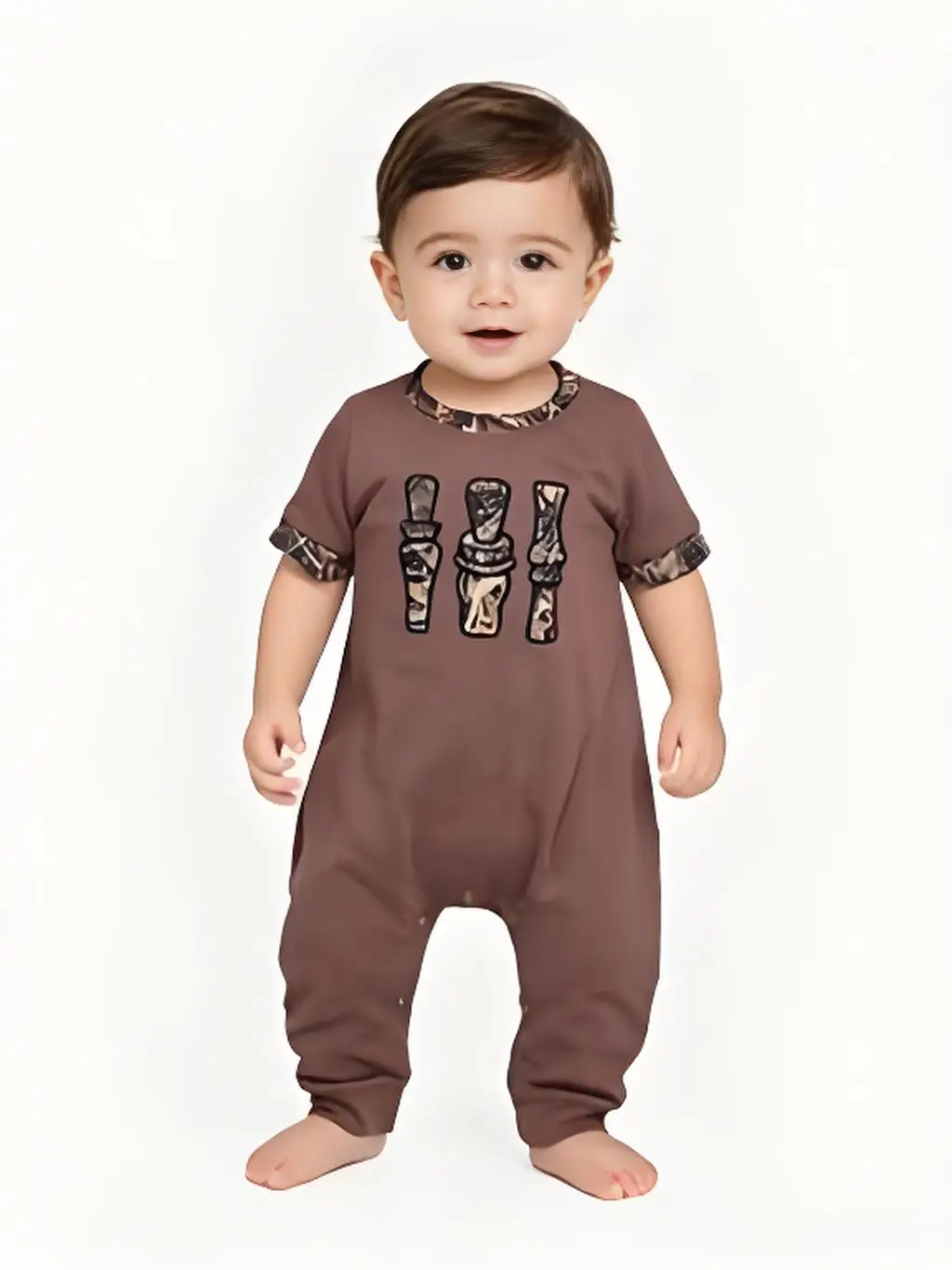 Baby Infant Boys Camo Duck Call Brown Short Sleeve Rompers