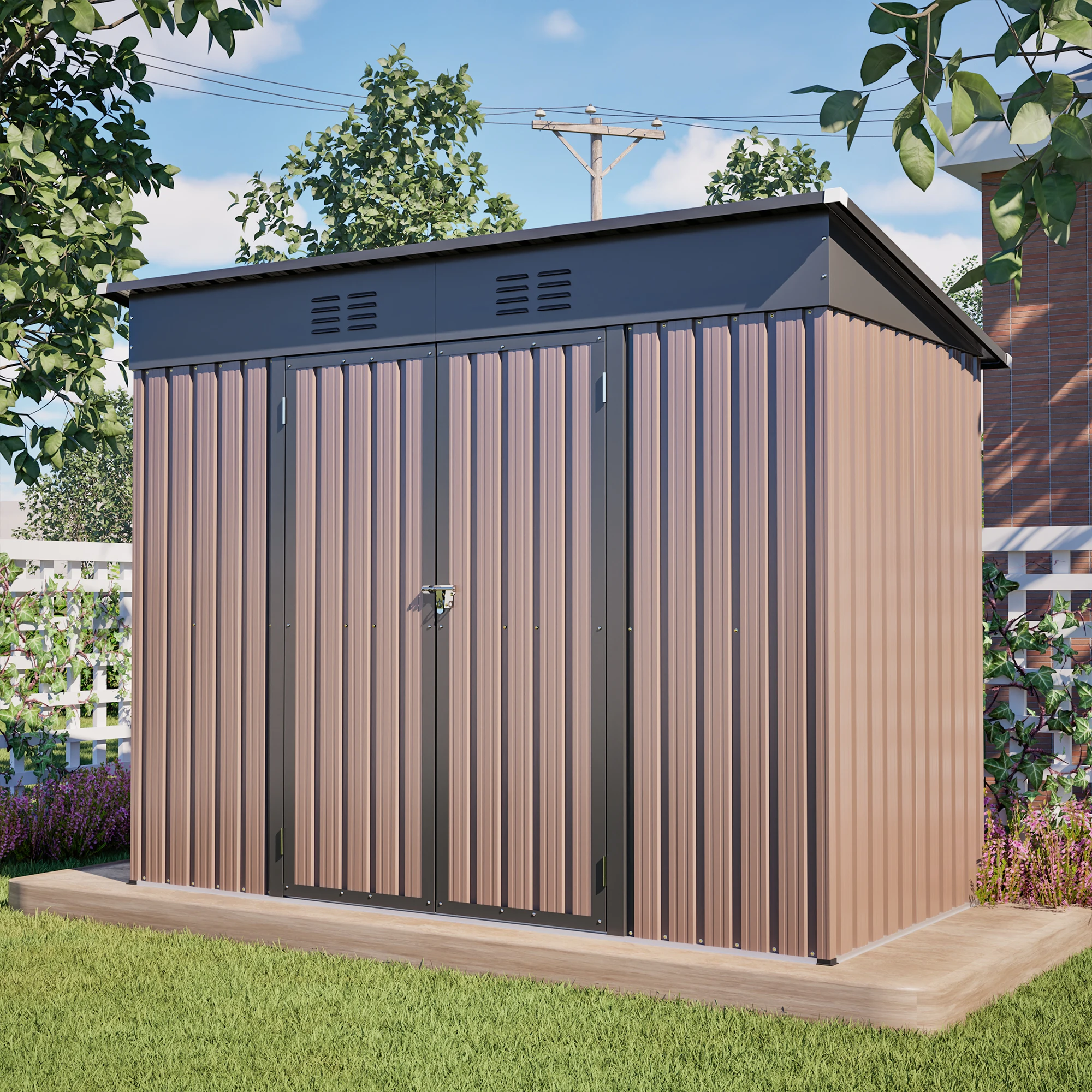 Metall-Geräteschuppen, Gartenhaus für Draußen, 8x4 FT Wetterfester Metallschuppen mit Stabilem Grundrahmen, Geräumiger Brauner Outdoor-Lagerschrank, Inklusive Fundamentrahmen, Ideal für Garten,