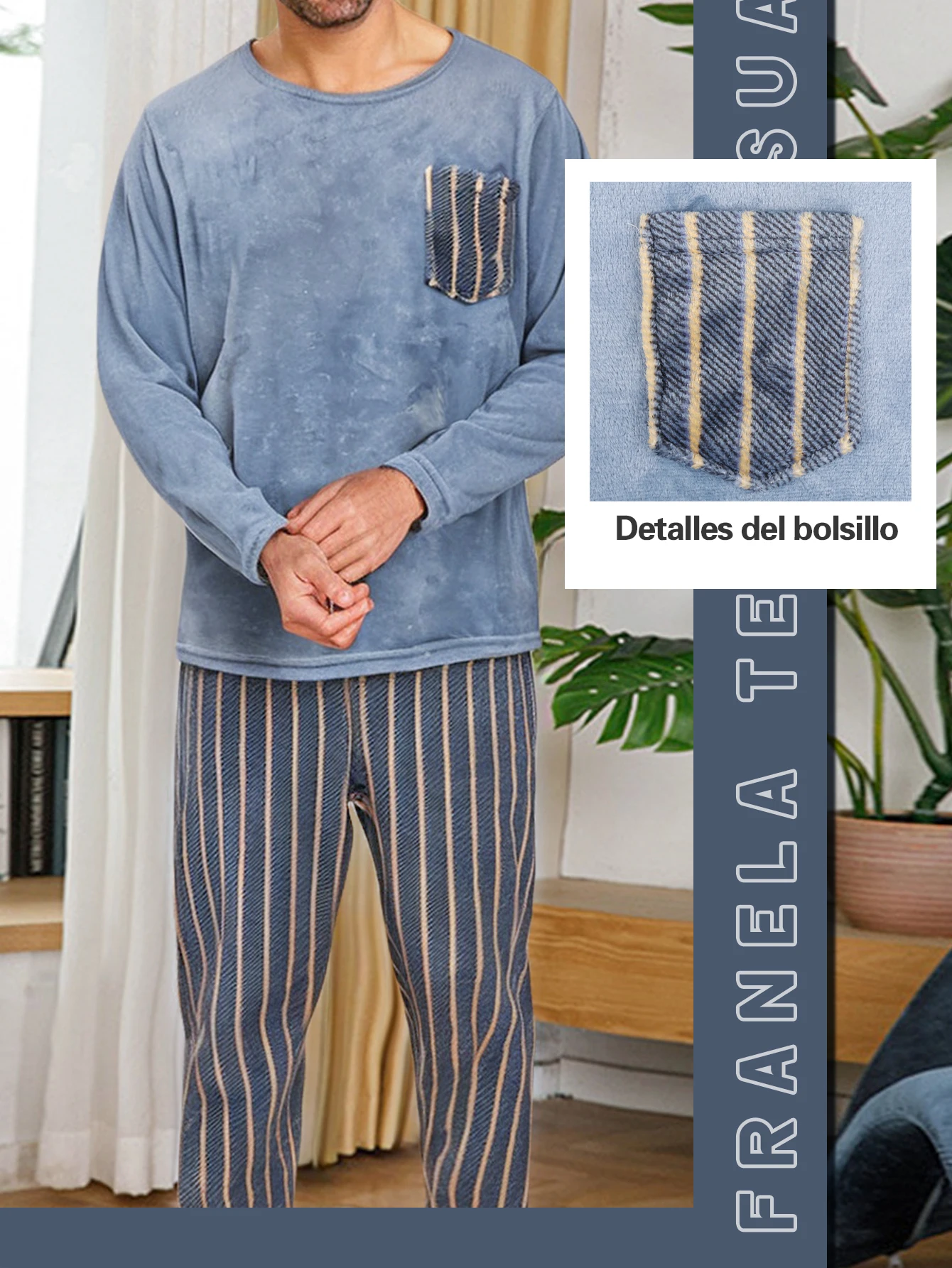 Pijama de inverno masculino, conjunto de 2 peças com mangas compridas e calças, conforto e estilo