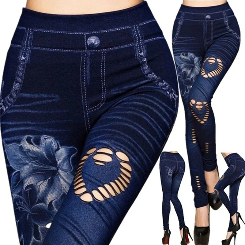 Chaud Sexy femmes Jean maigre jegging pantalon taille haute leggings femme imprimé cheville longueur mince Legging Fitness grande taille