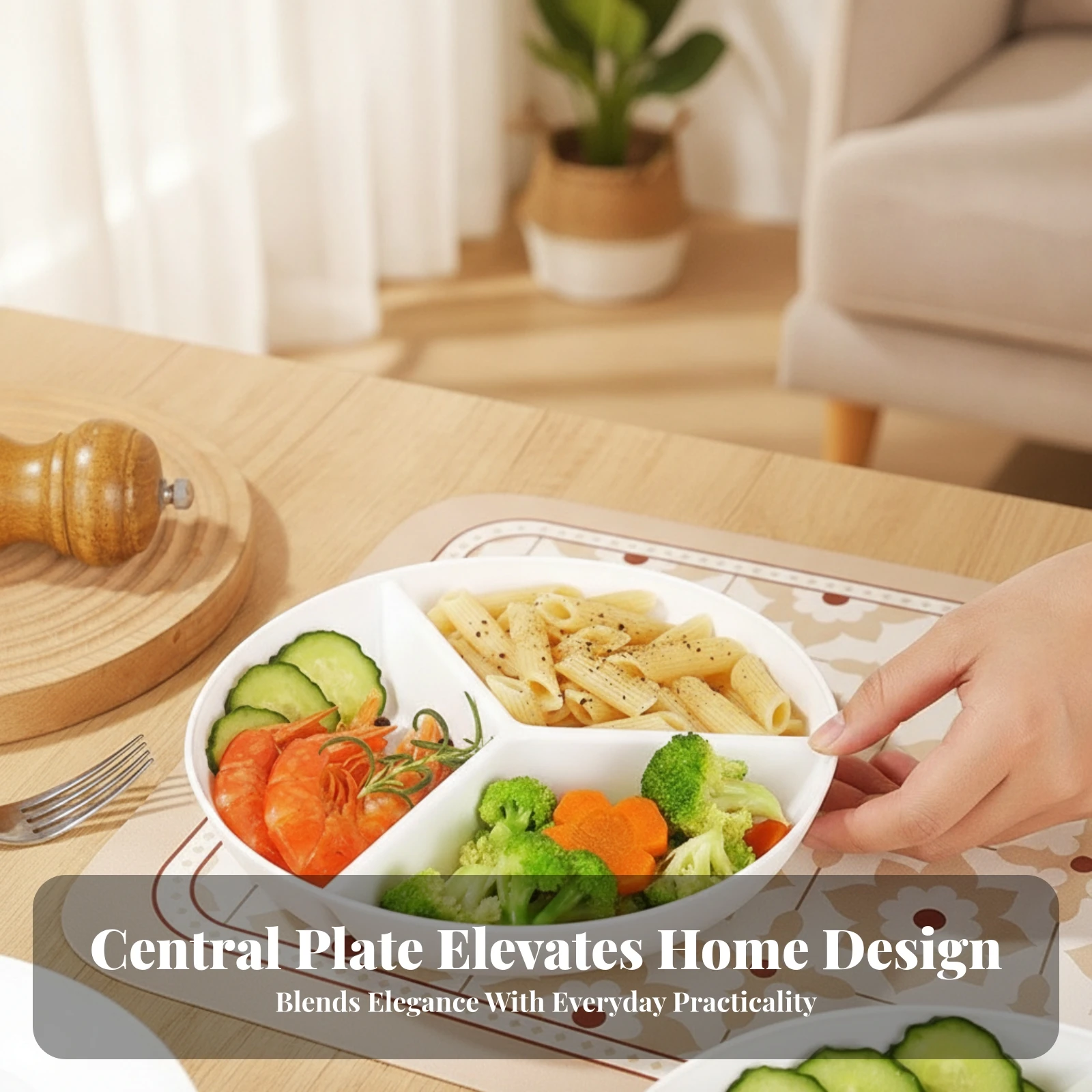 3-Compartment Plate Porcelain Finish Round Divided Plate Glossy Surface Multi Compartment Dish