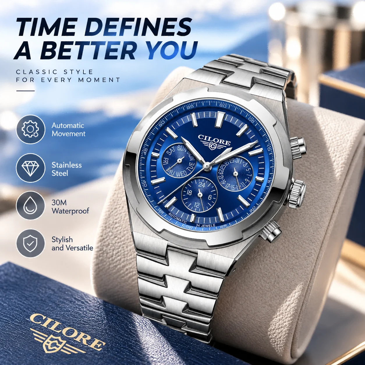 CILORE Luxury Automatic Mechanical Watch Men Blue Dial Sport Business Wristwatch Calendar 50M Waterproof Fashion Gift For Men