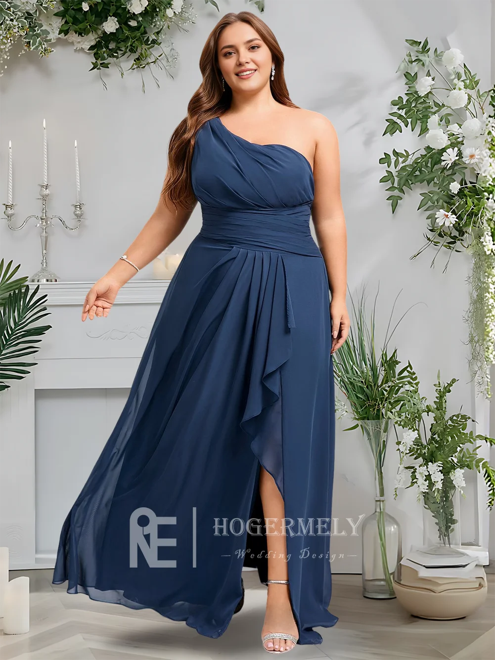 Gaun Pengiring Pengantin Wanita Biru Dongker Model A-Line Satu Bahu Panjang Menyentuh Lantai Bahan Sifon Dengan Ruffle Untuk Tamu Pernikahan/Koktail 2025 ​