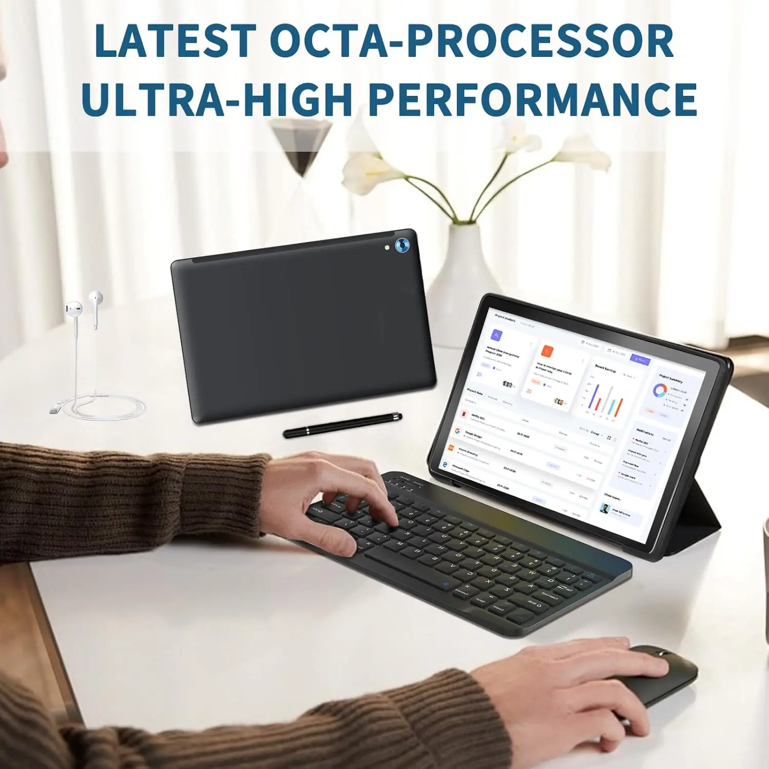 C108 10.1 Inch Tablet Octa-Core Processor 10GB RAM 128GB ROM Android 14 with Case Headphones Wireless Keyboard Mouse Stylus Pen
