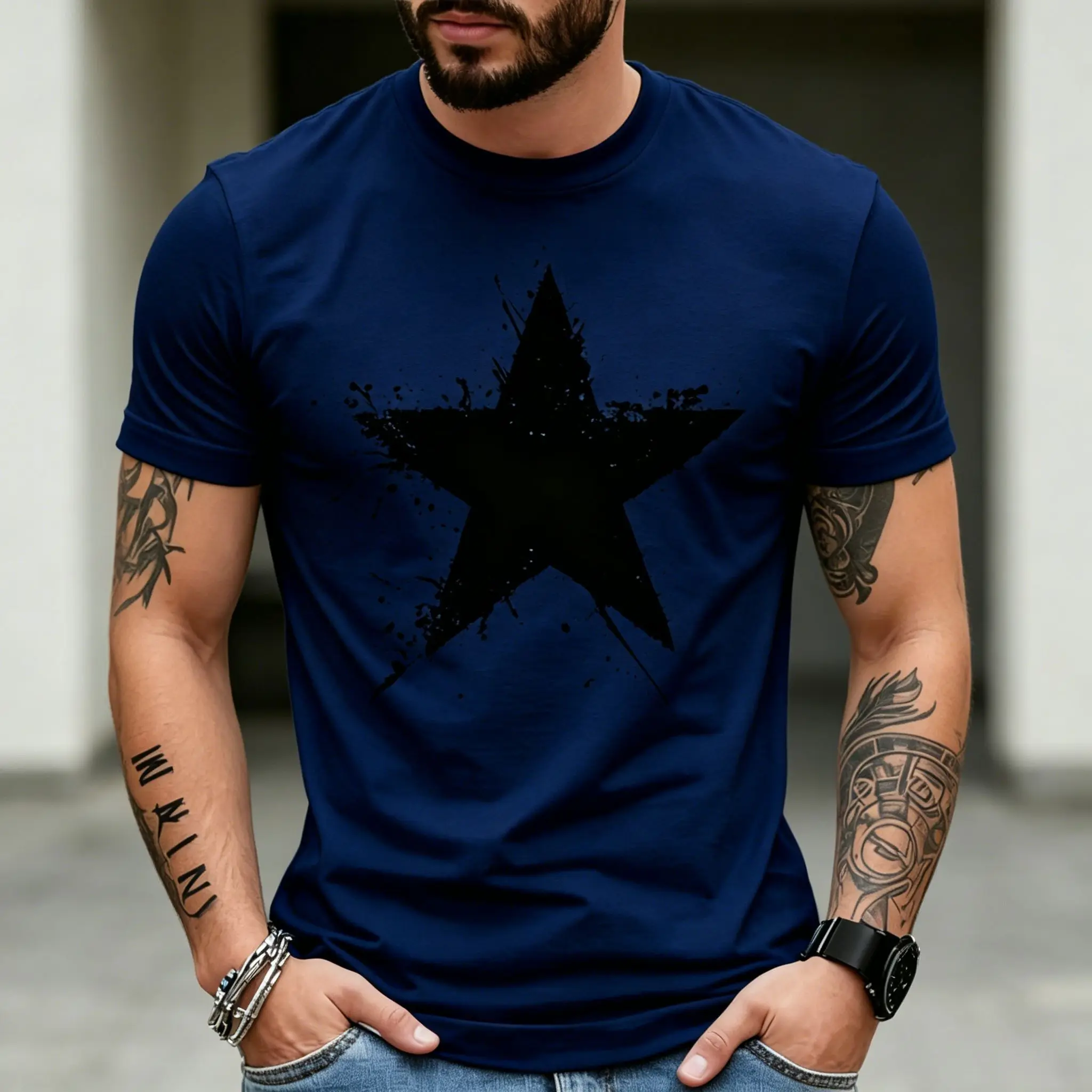 Men's Solid Navy Blue Crew Neck T-Shirt, Front Chest Black Splash Ink Star Graphic Print Soft Cotton Slim Fit Short Sleeve Tee F
