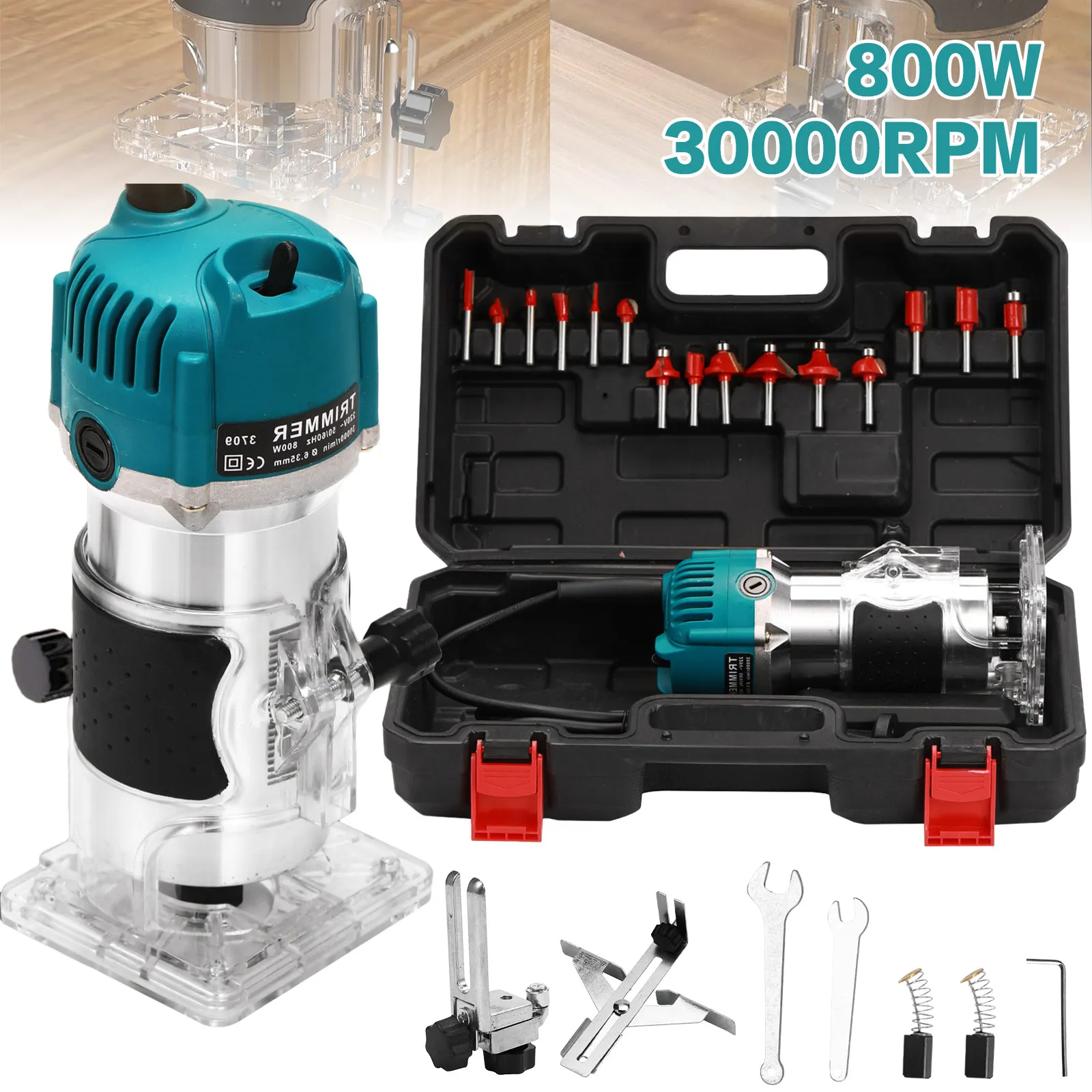 Défonceuse à bois 800W, 30000 tr/min avec jeu de 15 fraises en carbure, tige de 1/4 pouce, pour le travail du bois, le bricolage et les outils de menuisier
