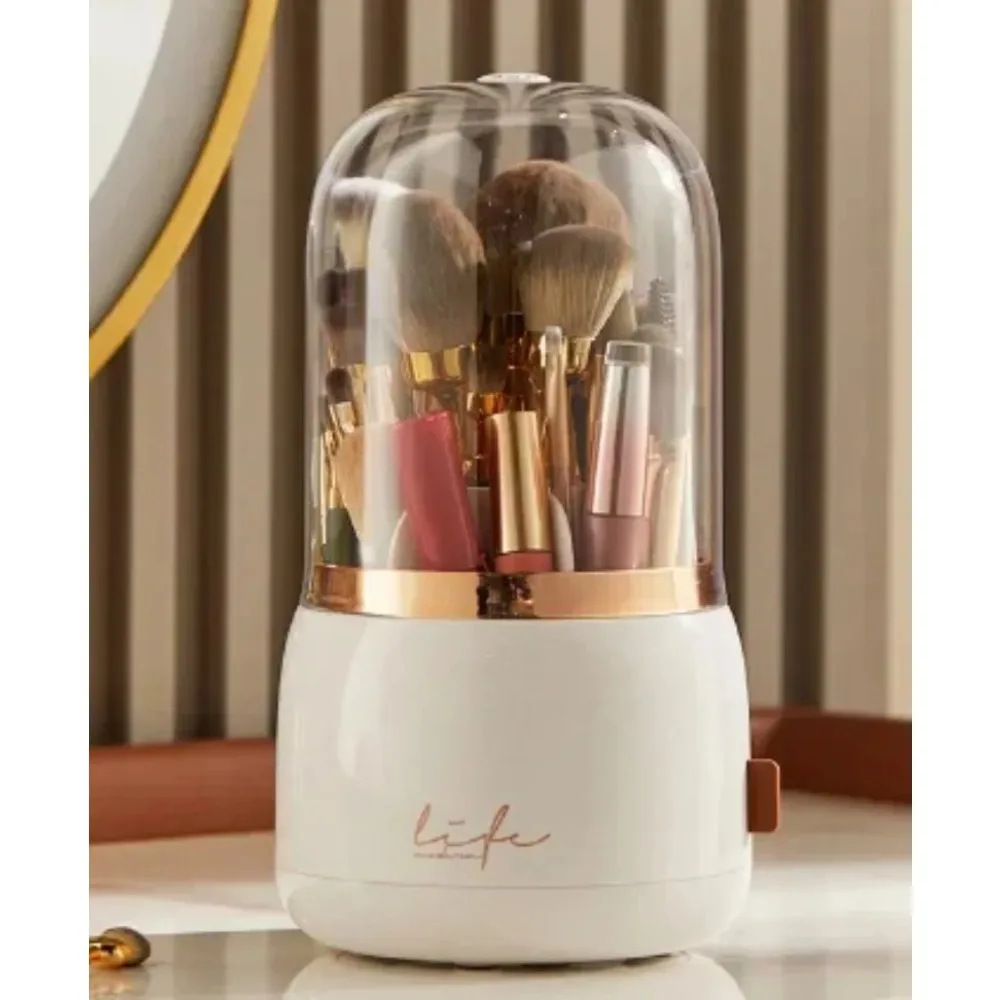 

Вращающийся органайзер для косметики с крышкой, прозрачный держатель для кистей и помады, пылезащитный ящик для хранения на туалетном столике