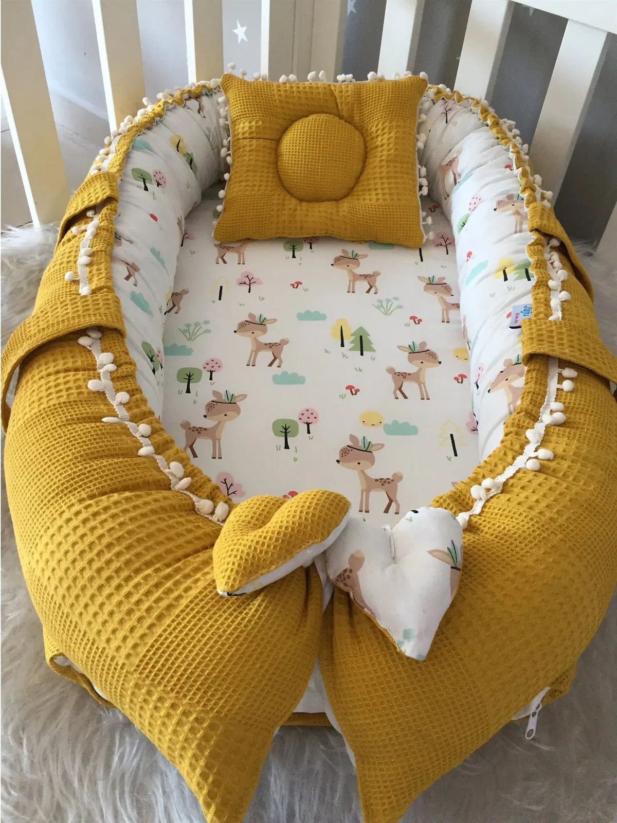 Handmade Mustard Wafle Pique Fabric Ceylan Design with Pompom Babynest