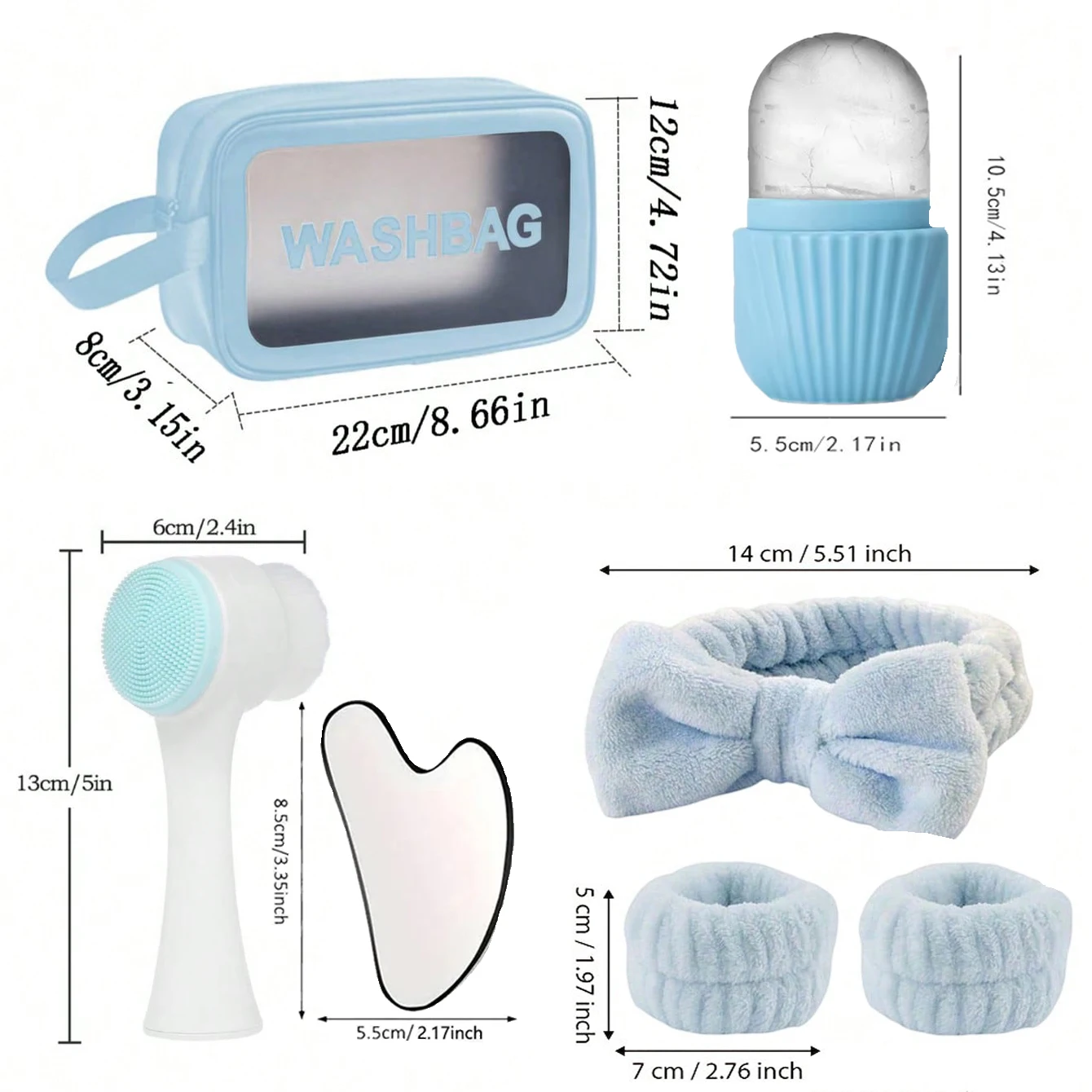 7pcs Home Skincare Set Ice Mask Roller Stainless Steel Gua Sha Board Facial Cleansing Brush Headband Waterproof Toiletry Bag view 6