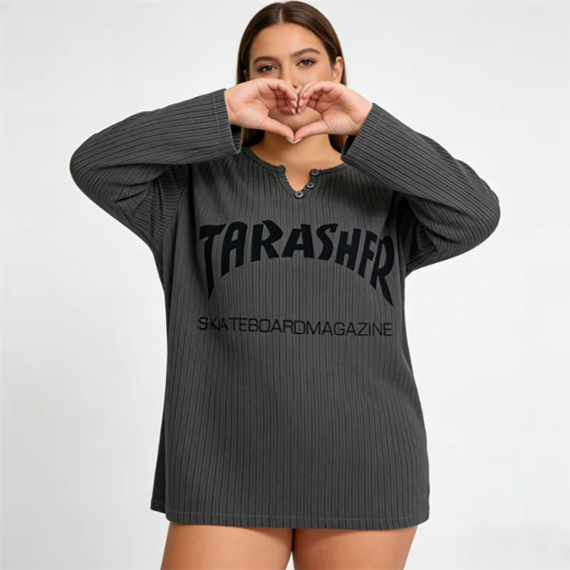 تي شيرت كبير الحجم مطبوع عليه لوح التزلج بأكمام طويلة على الطراز الكوري سترة فضفاضة 50-150 كجم ملابس خروج غير رسمية للسيدات #2