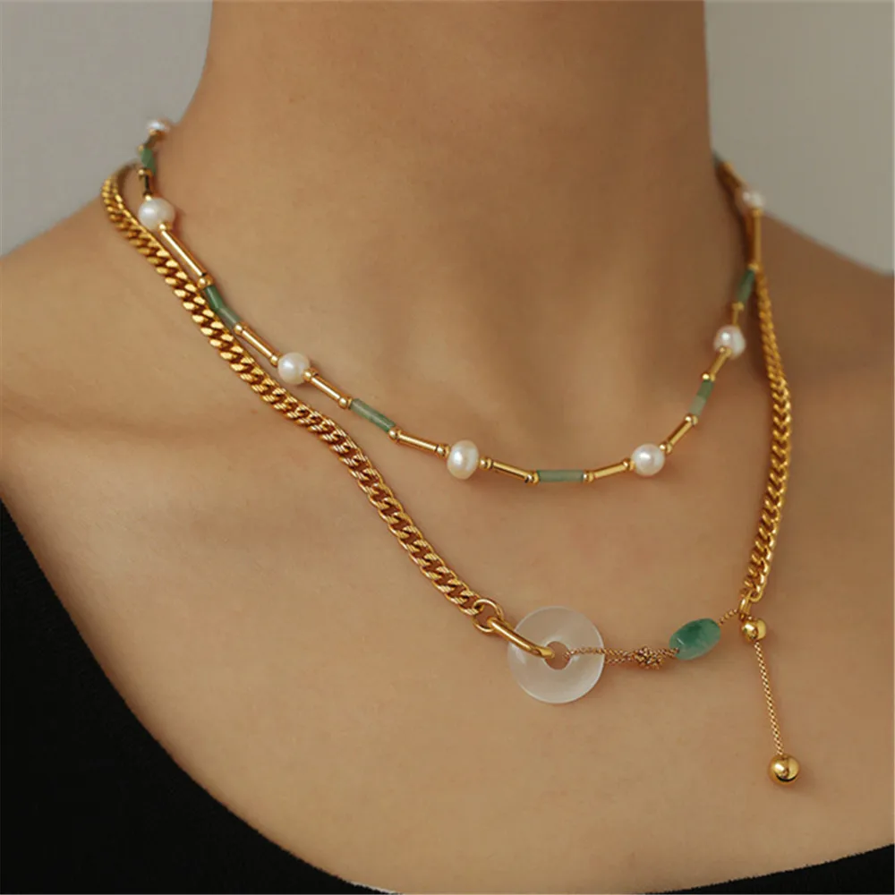 Natural Pearl Green Stone Beads Stitching Necklace Brass Gold Plated Pastoral Gentle Style Niche Vintage Women Party Jewelry