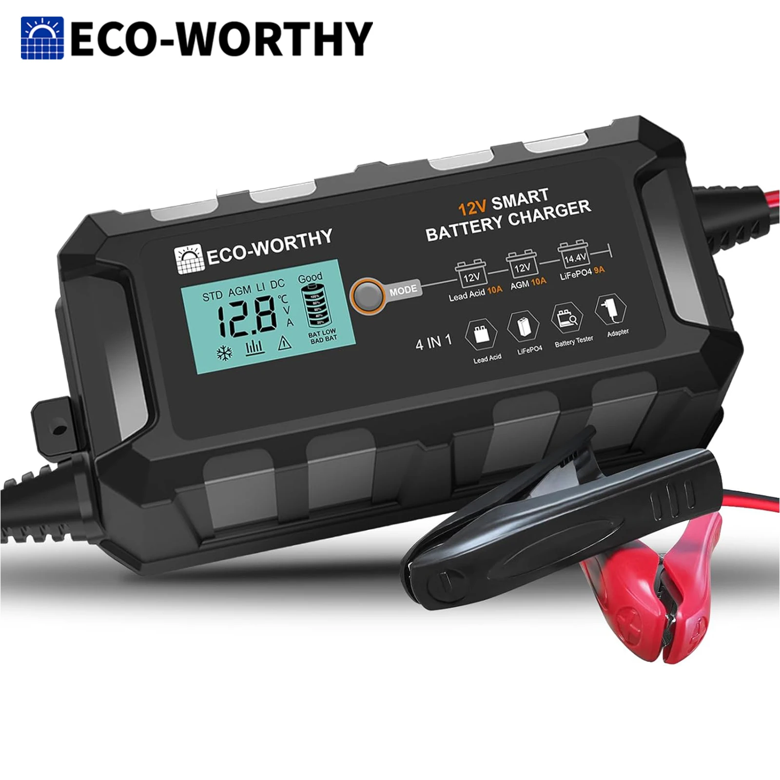 Cargador de Batería de Coche ECO-WORTHY 10A, Cargador LiFePO4 de 12 V con Activación de Batería de Litio para Coche, Camión, Motocicleta, Cortacésped, Barco, Baterías Marinas