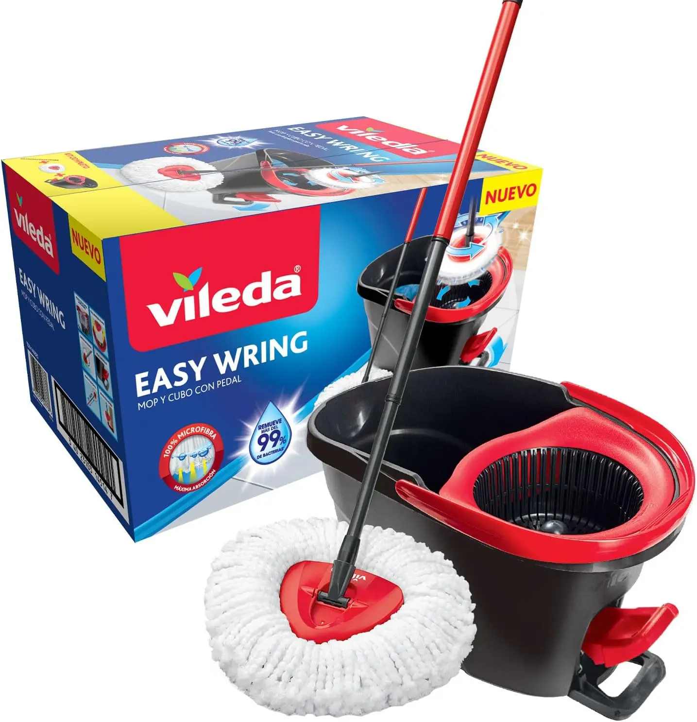 Vileda Turbo-vloerreinigingssysteem met emmer en pedaal, 2-in-1 microvezelmop, 360 graden driehoekige plaat. ° Telescopische handgreep
