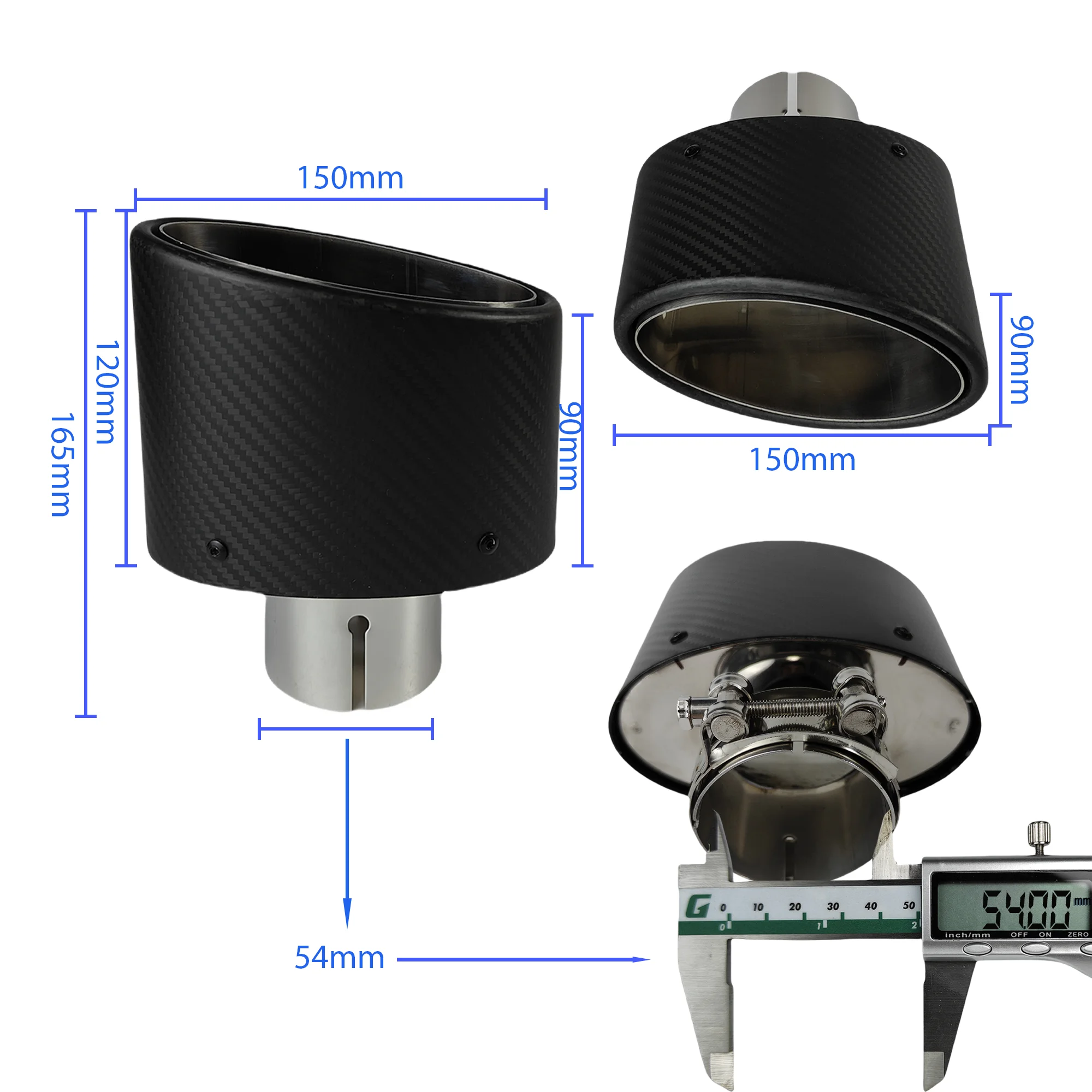 1 Stuks Universele Auto Matte Koolstofvezel Uitlaat Tip Uitlaatpijp Nozzle Decoratie Roestvrij Zilver Ovaal 150 Mm Kantelen links Rechts