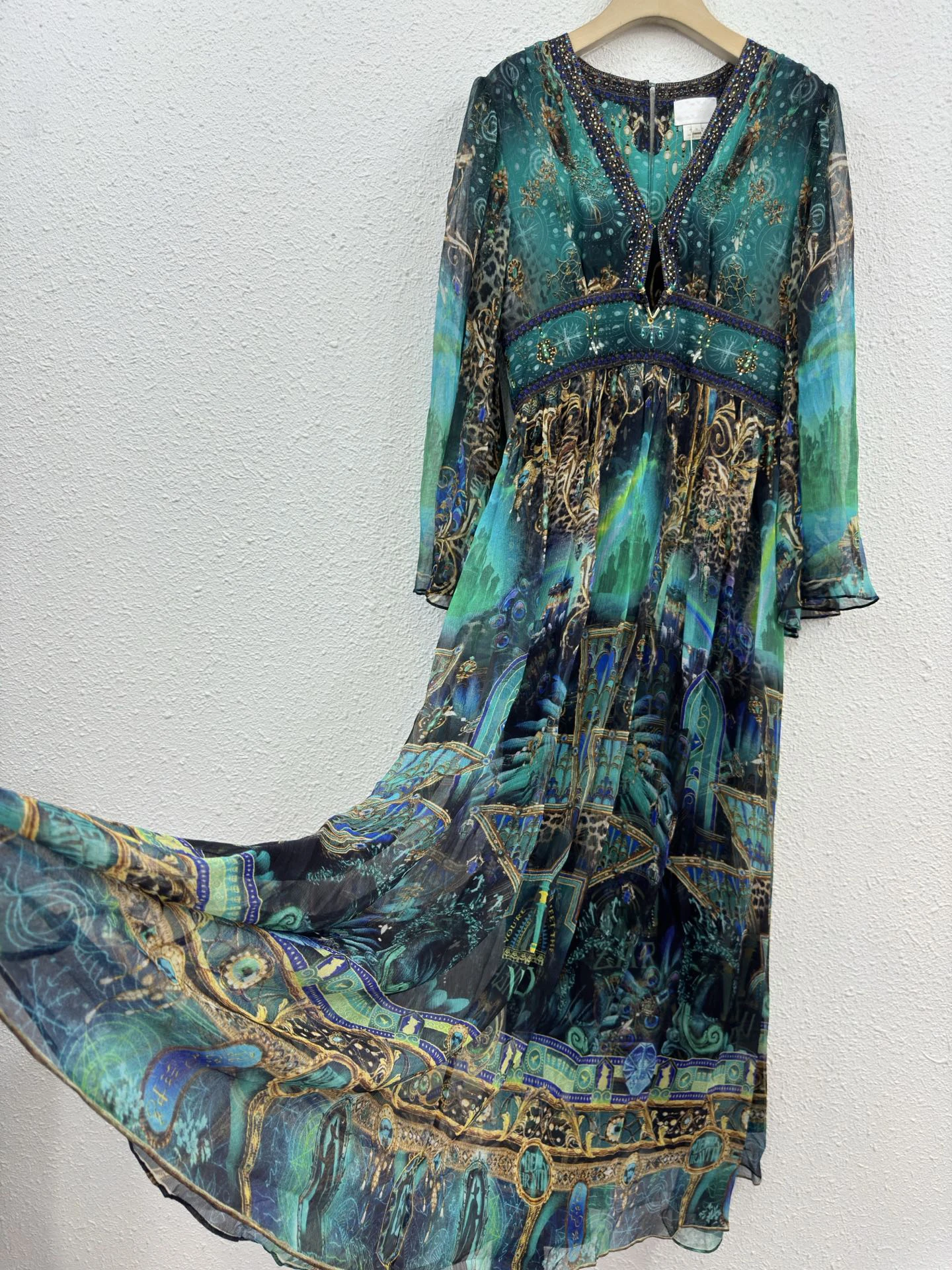 100% 실크 시크 에메랄드 그린 프린트 맥시 드레스 여성용 V넥 긴팔 보헤미안 시폰 가운