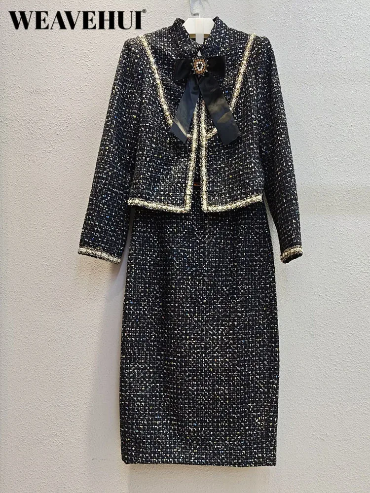 

WEAVEHUI Women's Plaid Stand Collar 2-Piece Set Long Sleeves Concealed Buttons Bow Pearl Detail Spring Autumn High Street Style