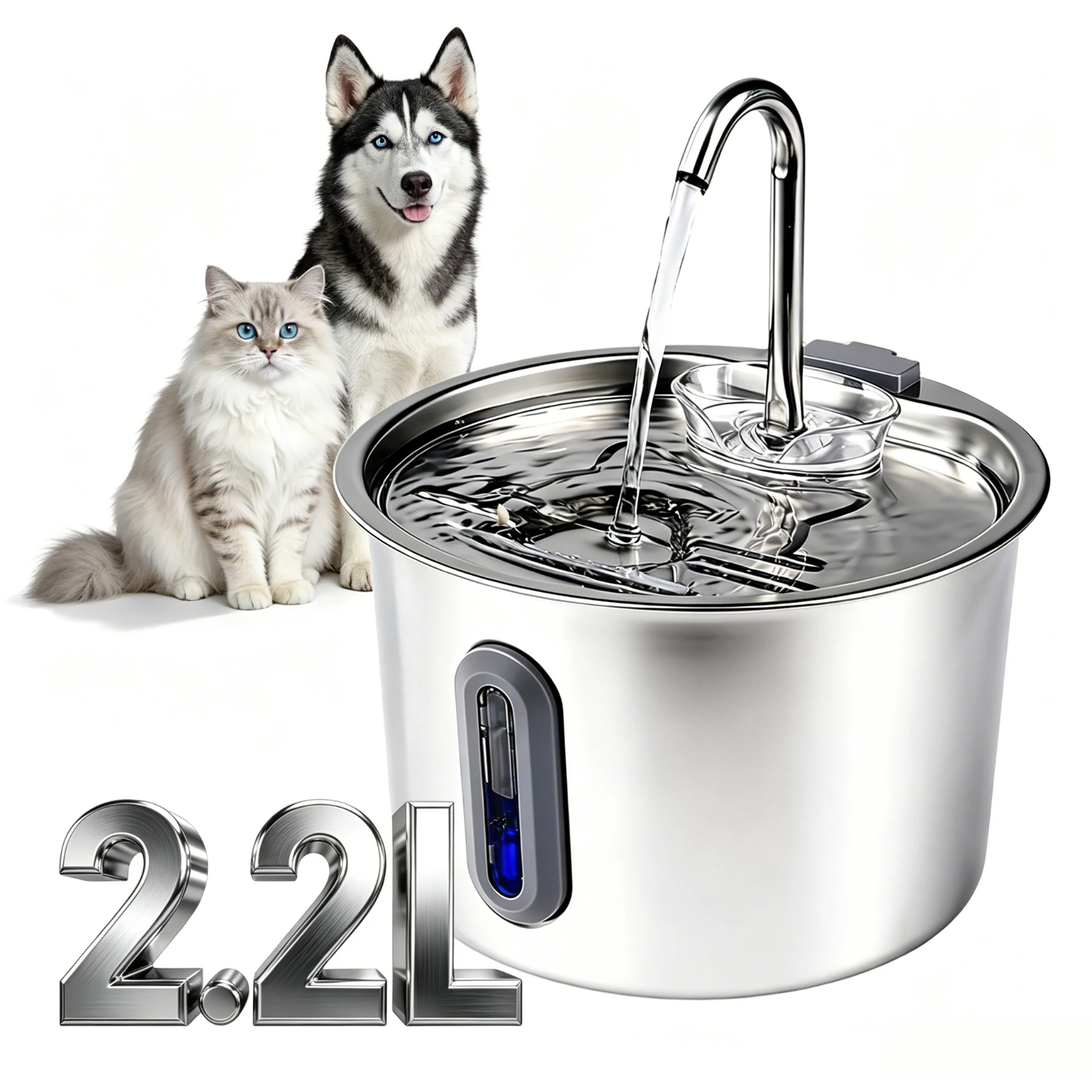 Bebedouro automático para animais de estimação em aço inoxidável, com capacidade de 2,2 litros, dispensador de água para gatos e cães, extremamente silencioso, com tigela para beber e visor.