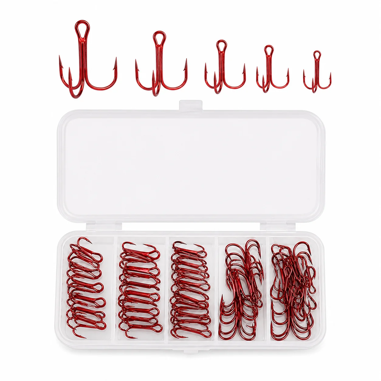 50Pcs Red Treble Hooks Set with Storage Box, 5 Sizes 2# 4# 6 8 10, Fishing Hooks Assortment for Lures and Tackle Replacement Kit
