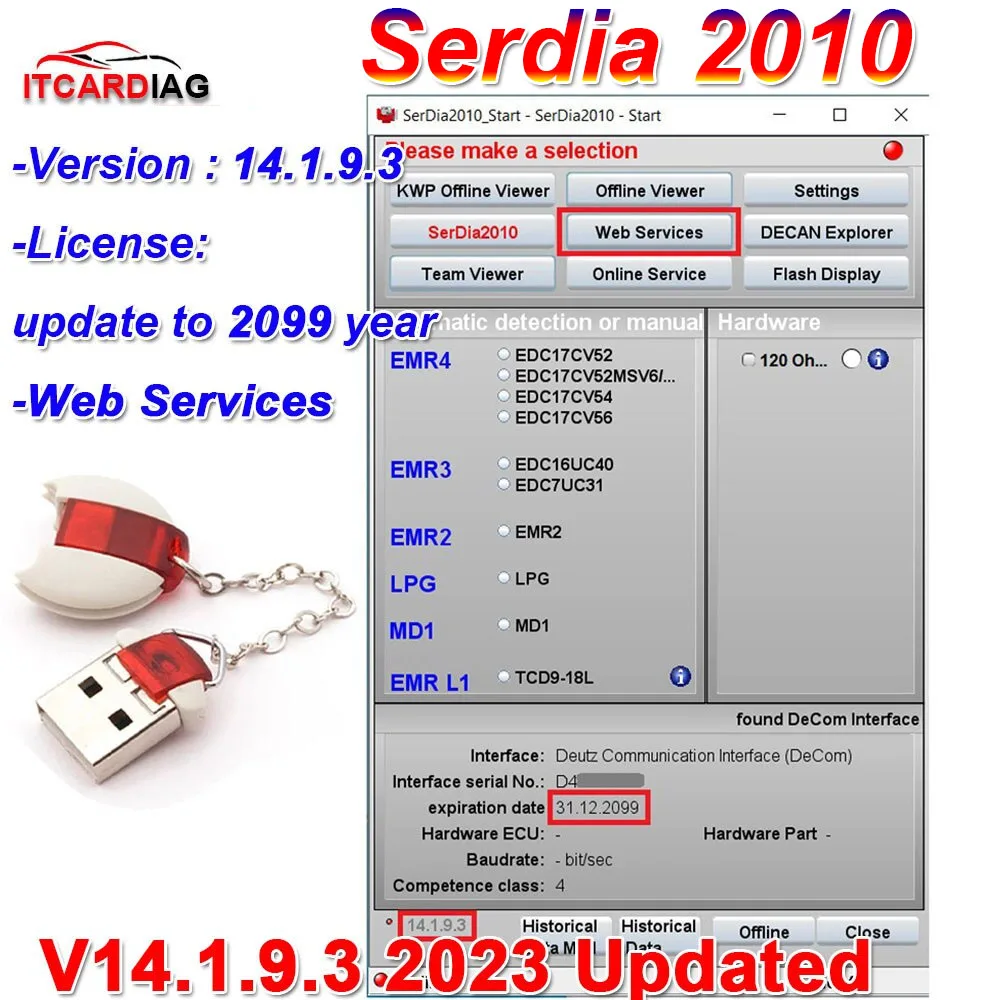 2023 Serdia2010 v14.1.9.3 (2023) Deutz SerDia 2010 Dongle 6 Level Class 4 For Deutz ECU Read Write EMR4 EMR3 EMR2 LPG MD1 EMR L1