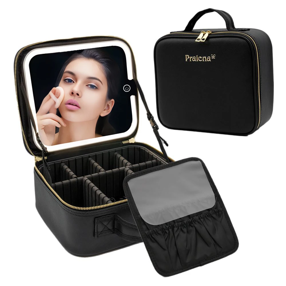 Makeup Bag with LED Mirror, Travel Makeup Organizer, Makeup Case with 3 Color Lighted Setting and Portable Storage and Adjustabl