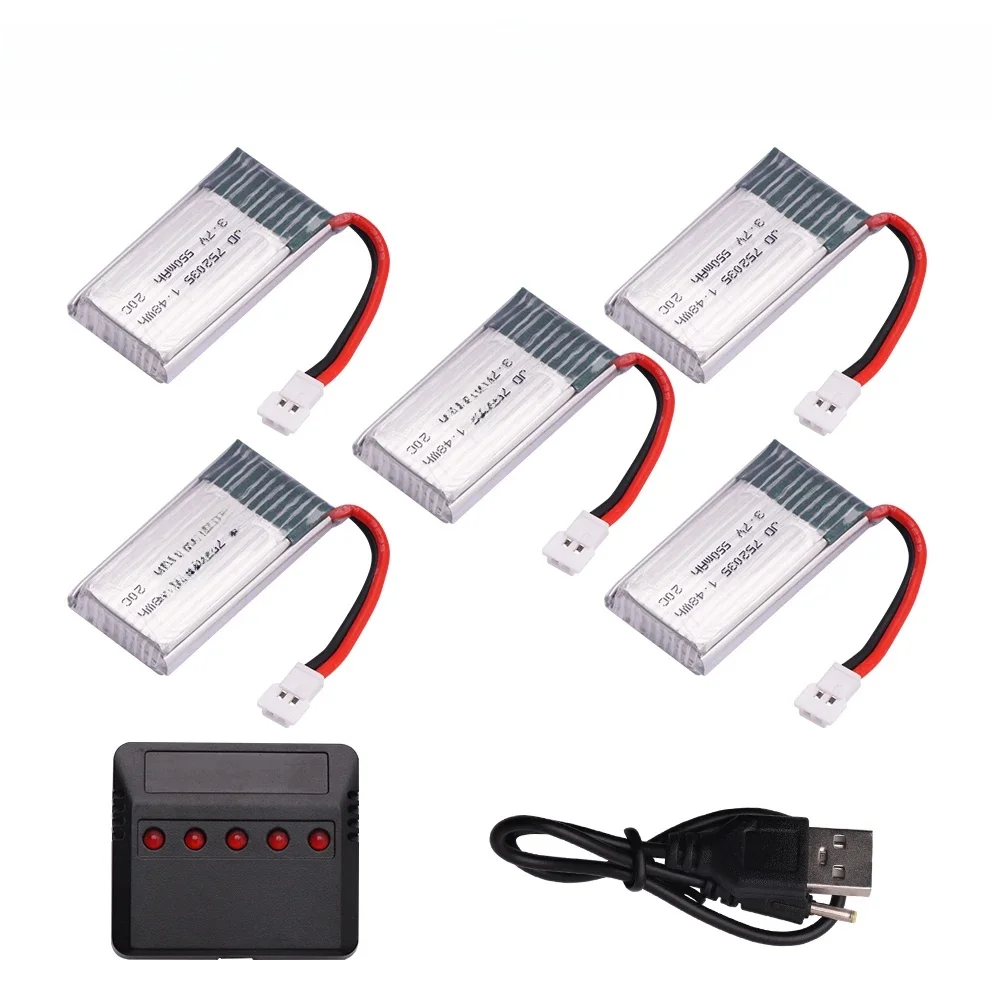 Batterie Lipo 3.7V 550mAh 752035 avec chargeur, pour Hknit H31 KY101 E33C E33 RC Drone hélicoptère, pièces de rechange 3.7V 1S XH2.54