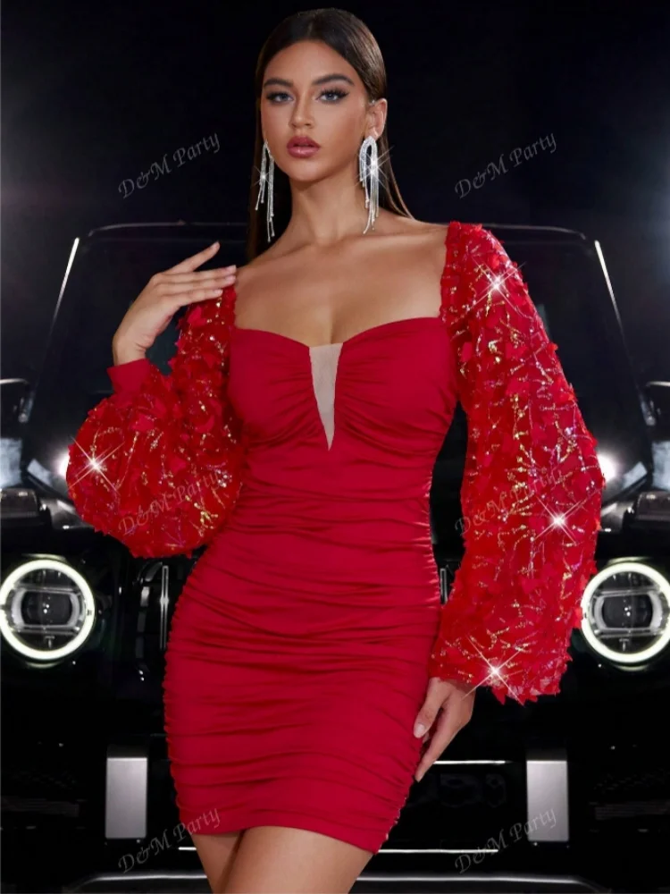 

DM fashion Off shoulder short skirt wrap around buttocks tight fitting long sleeved sexy cocktail dress for women party dresses