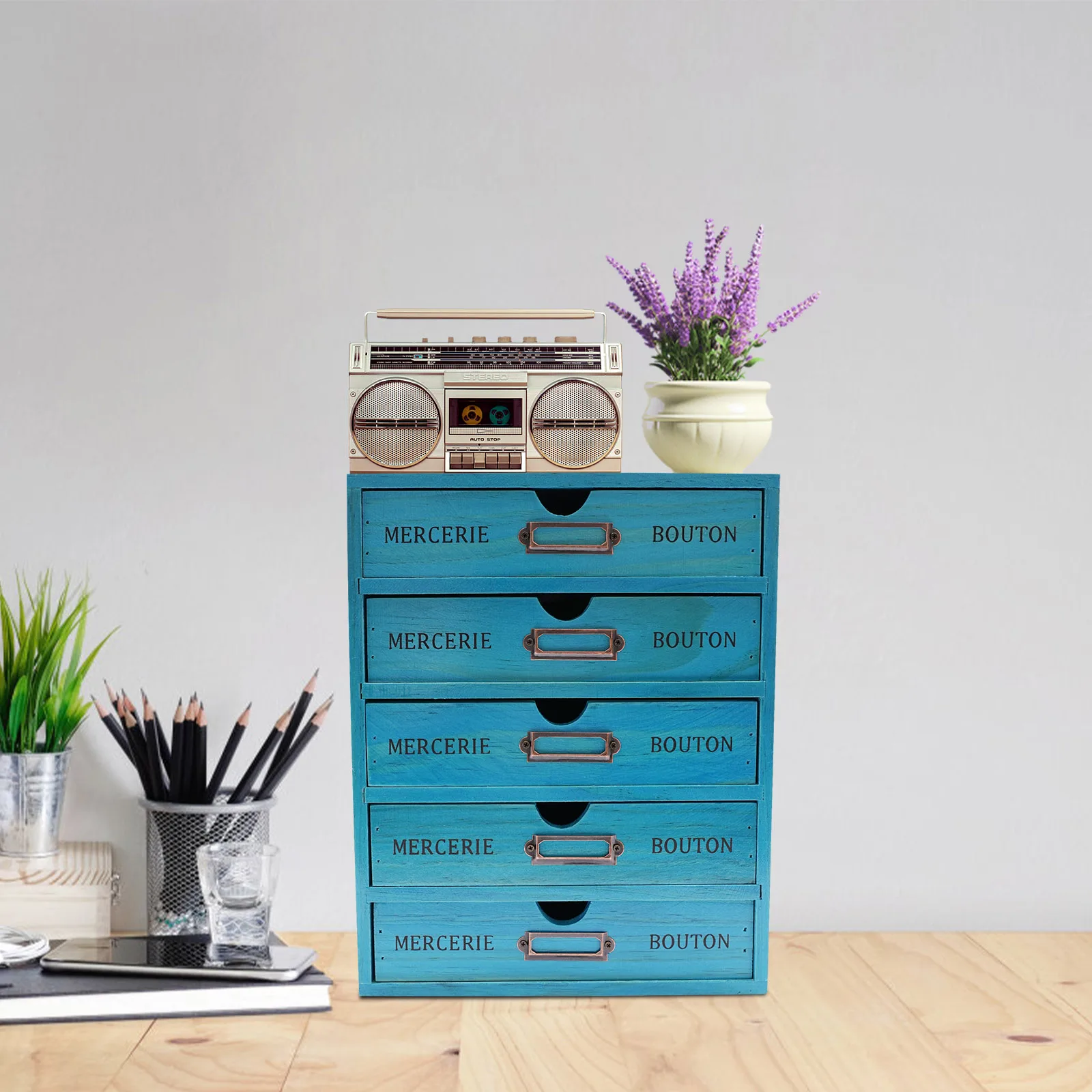

Drawer Organizer, Blue 5-Tier Wooden Desk Apothecary Cabinet, Vintage Style File Storage Box for Office Home, Desktop Drawer