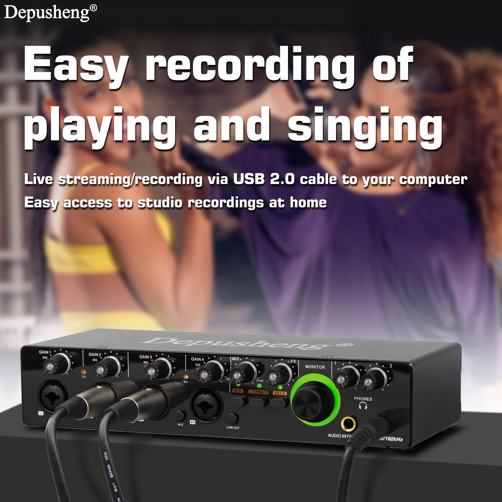 Depusheng Audio Interface RX4 Sound Card AD Converter with Monitoring Electric Guitar Live Recording For Studio Singing Podcast