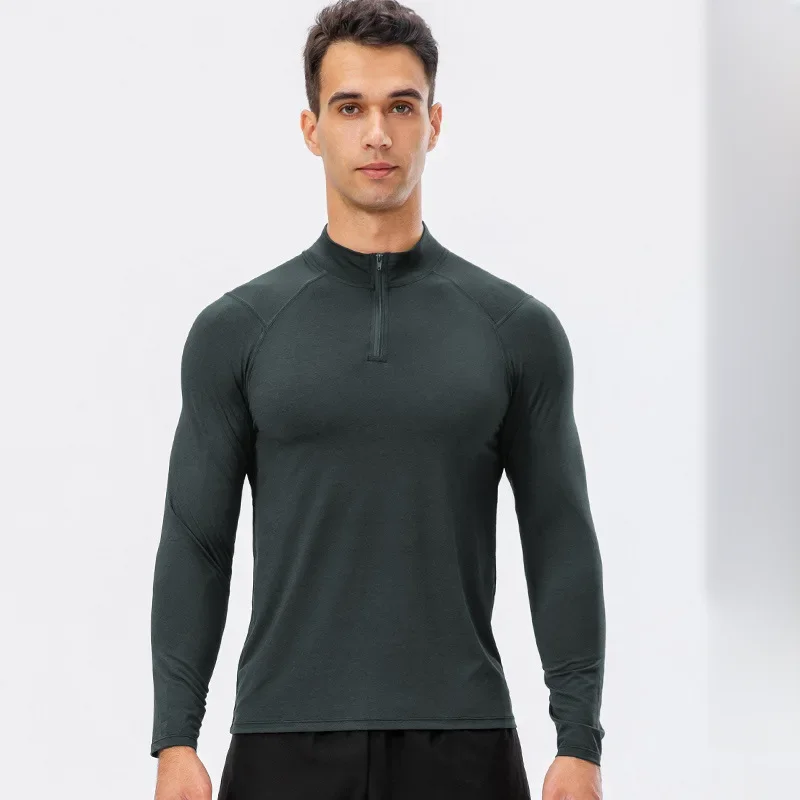 Męskie jesienne Fitness z długimi rękawami szybkoschnące topy do biegania zamek błyskawiczny w połowie Slim-Fit bluza treningowa podkoszulki typu Baselayer — zdjęcie 2