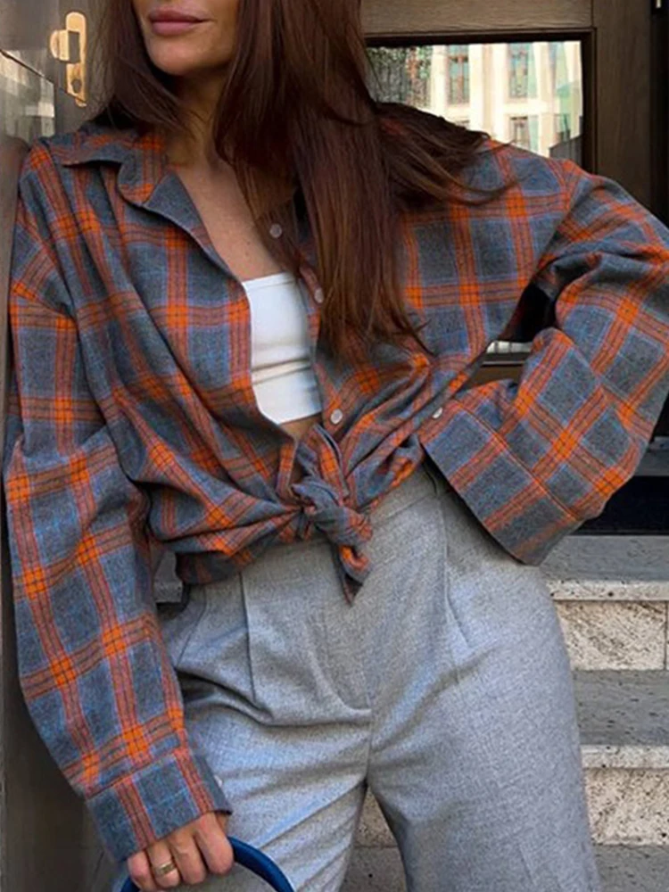 2024 Long Sleeve Loose Lapel Pocket Plaid Shirt Autumn Winter Women Vintage Fit Blouse Korean Style Button Casual Female Shirt