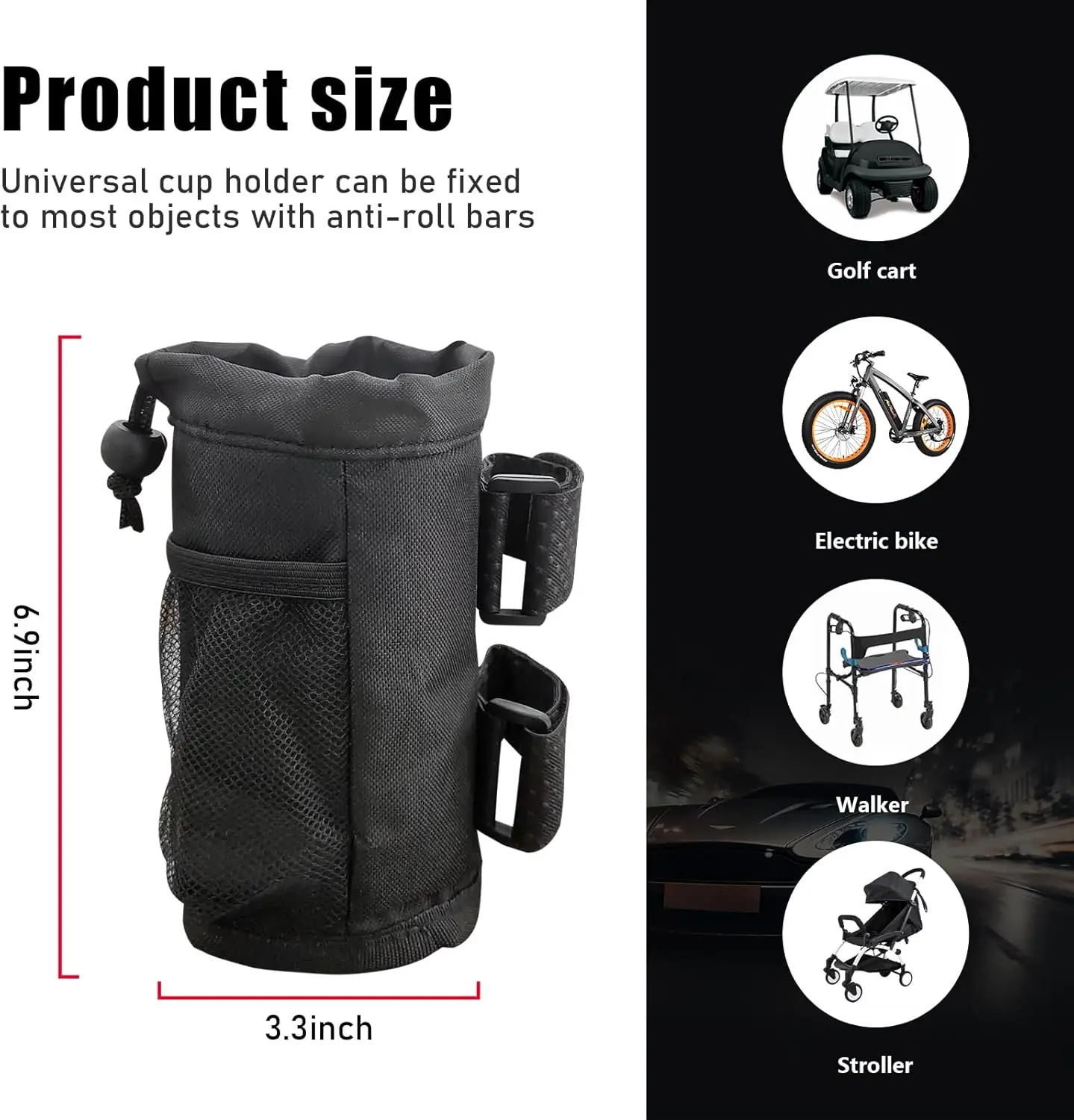 Cup Holder for Bike, Oxford Cycling Drink Holder with Mesh Pockets and Self-Fastening Strips, Universal Water Bottle Organizer
