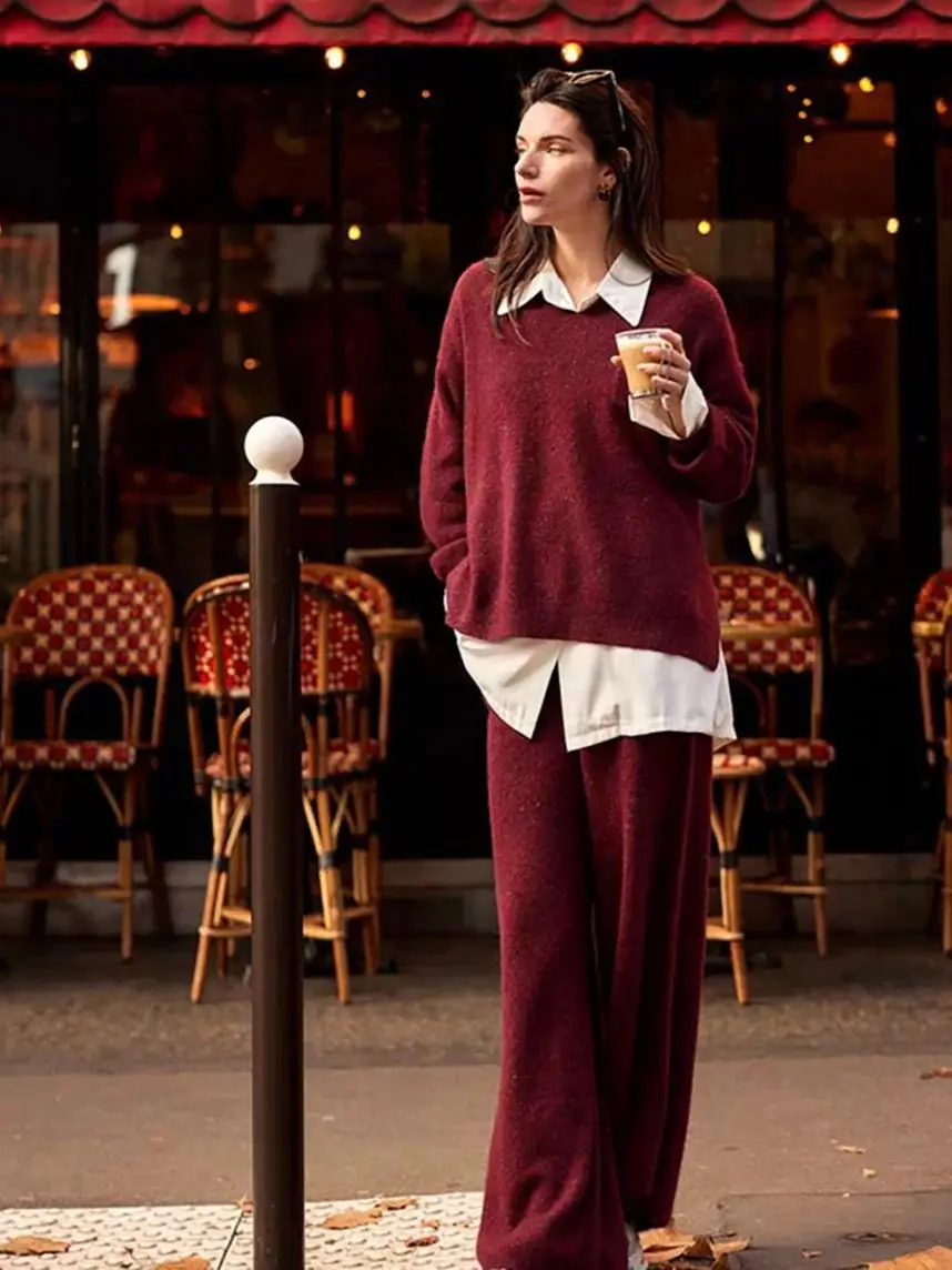 

Осень 2020, роскошный однотонный женский удобный вязаный брючный костюм из 100% кашемира