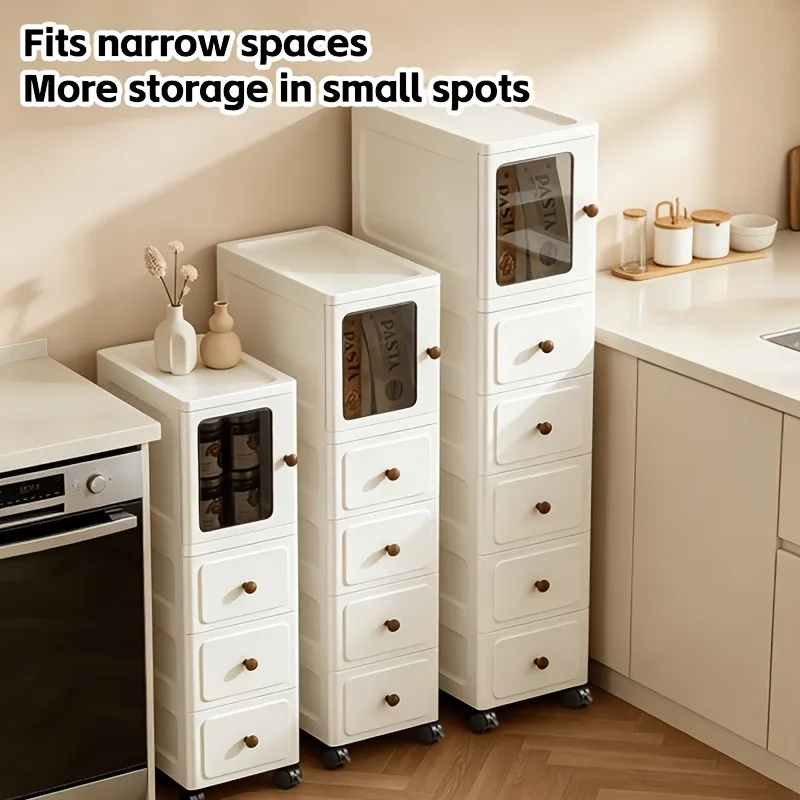 3/4/5/6/7-layer 23cm ultra-thin narrow-gap rolling storage cabinet, stackable white plastic drawer organizer with 1 transparent visible door and round handle, vertical storage tower with lockable caster wheels, perfect for bedside, kitchen, fridge side, b