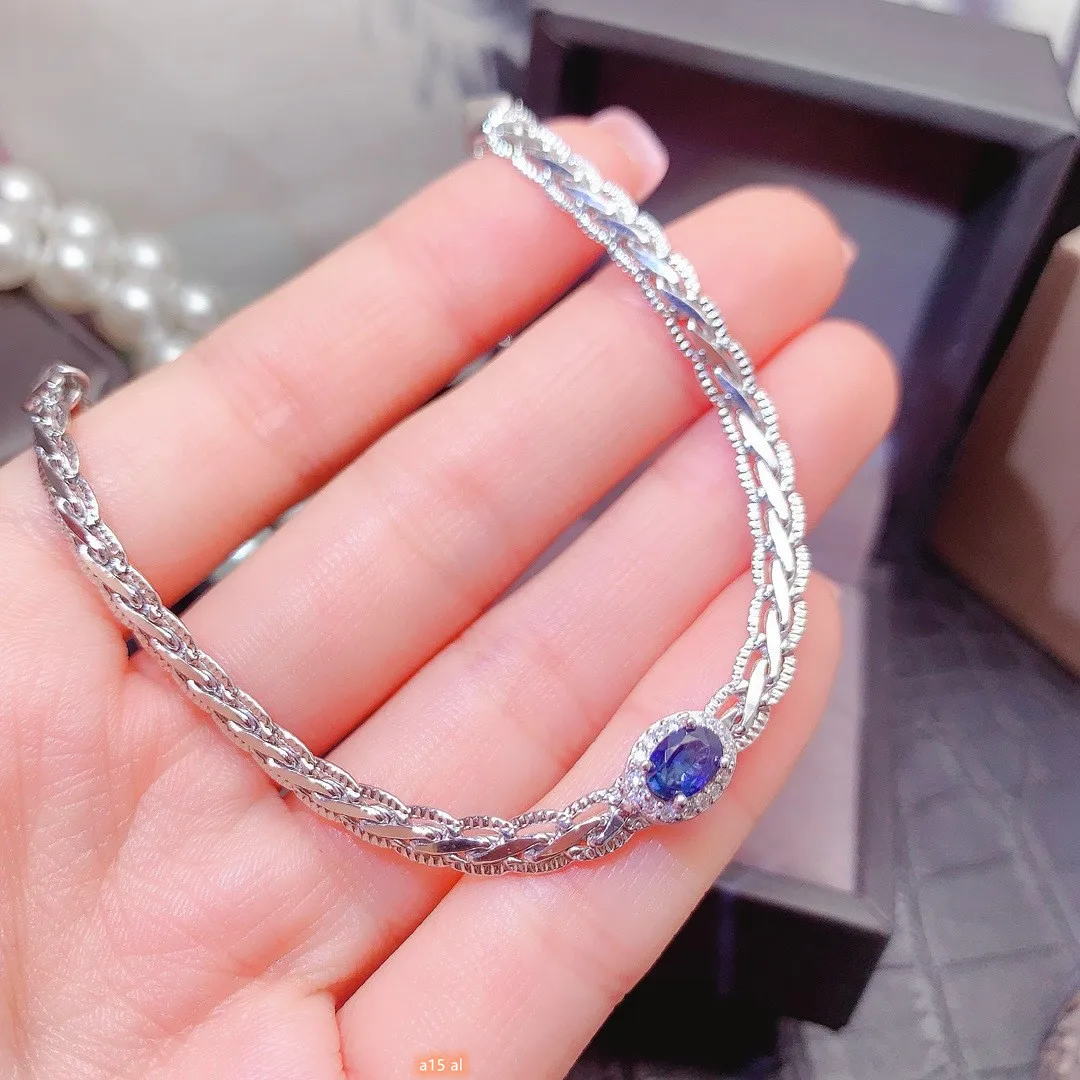 

925 sterling silver natural sapphire 4x6mm girls electroplated platinum woven bracelet girlfriend New Year birthday party Gift