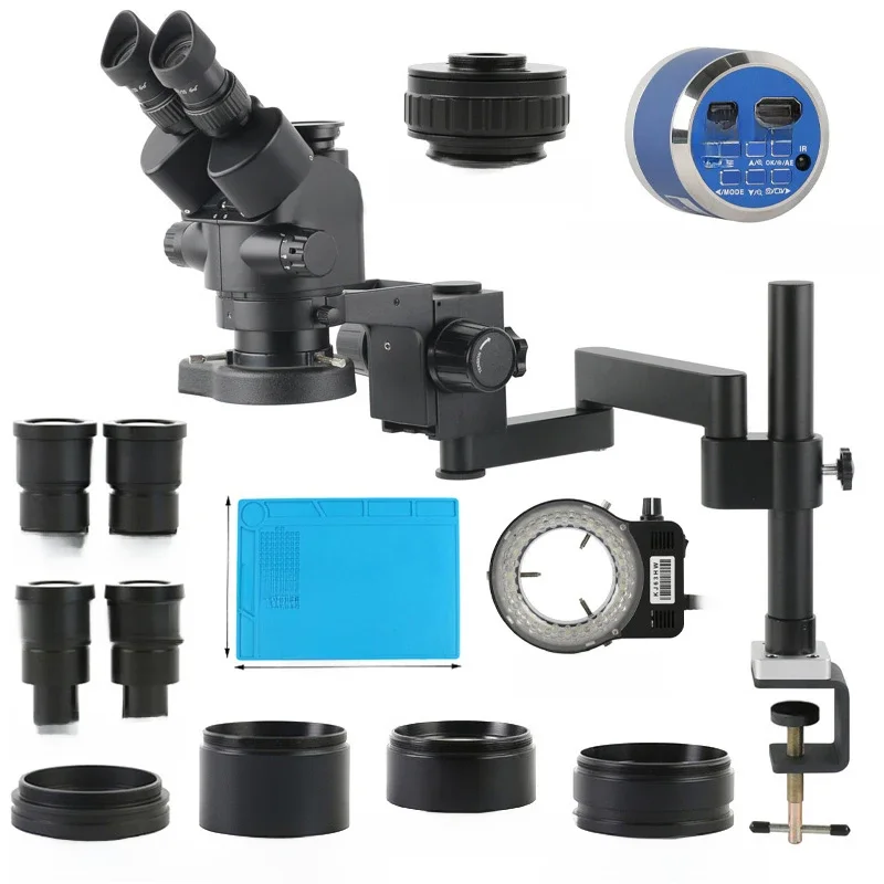 Kamera wideo 55MP 48MP 4K HDMI USB z obrotowym, uniwersalnym ramieniem i statywem, mikroskop stereoskopowy trójokularowy z symultaniczną regulacją ostrości 3.5X-180X — zdjęcie 2